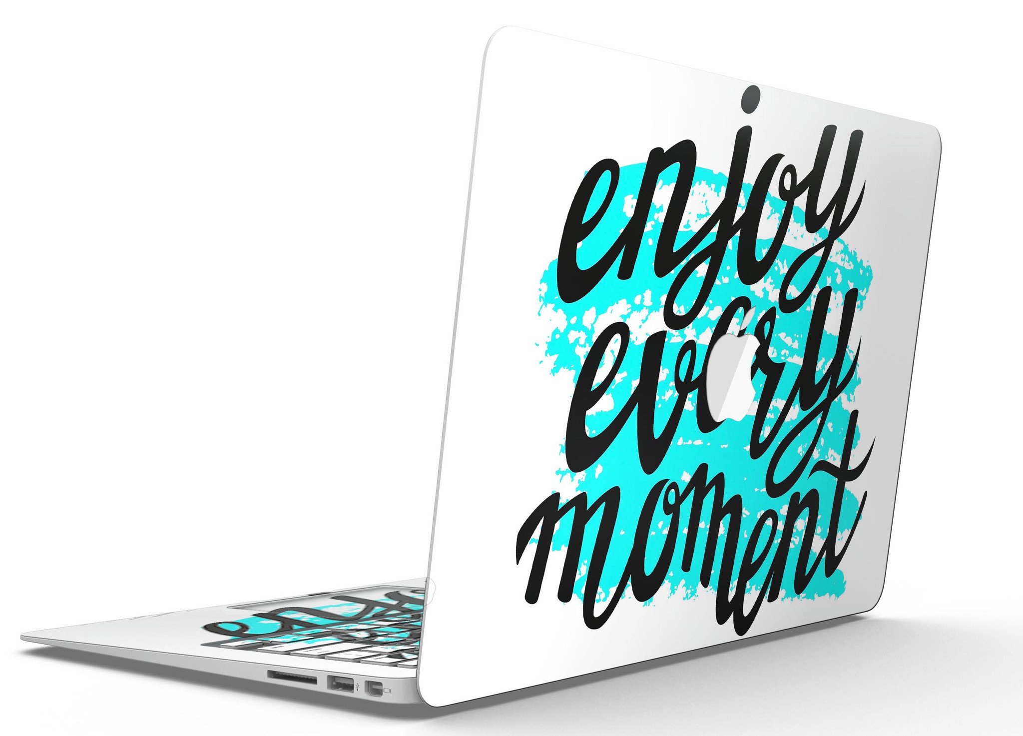 Enjoy Every Moment MacBook Air Skin Kit showcasing premium vinyl in gloss and matte finishes, designed for easy application and perfect fit.