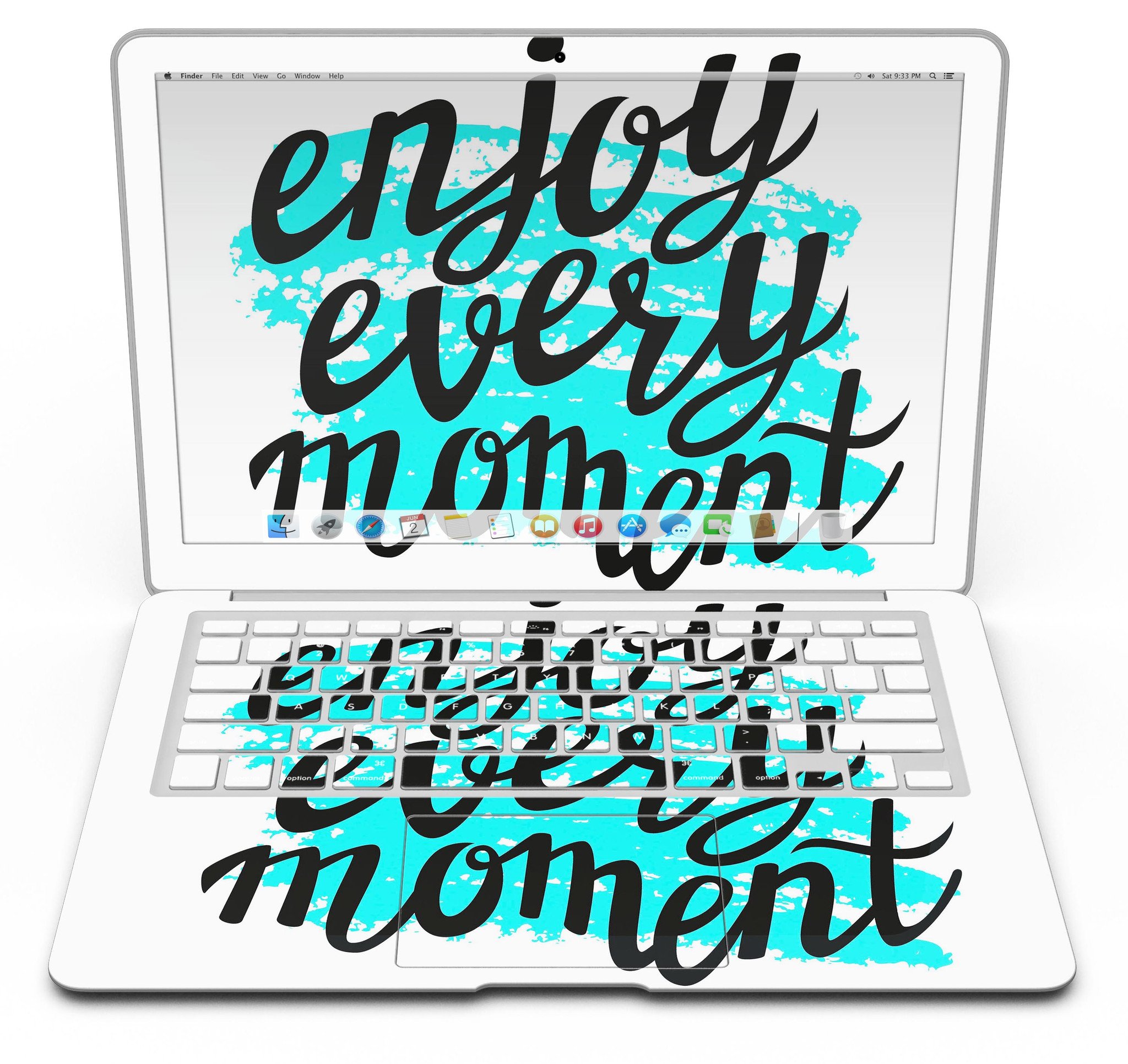 Enjoy Every Moment MacBook Air Skin Kit showcasing premium vinyl in gloss and matte finishes, designed for easy application and perfect fit.