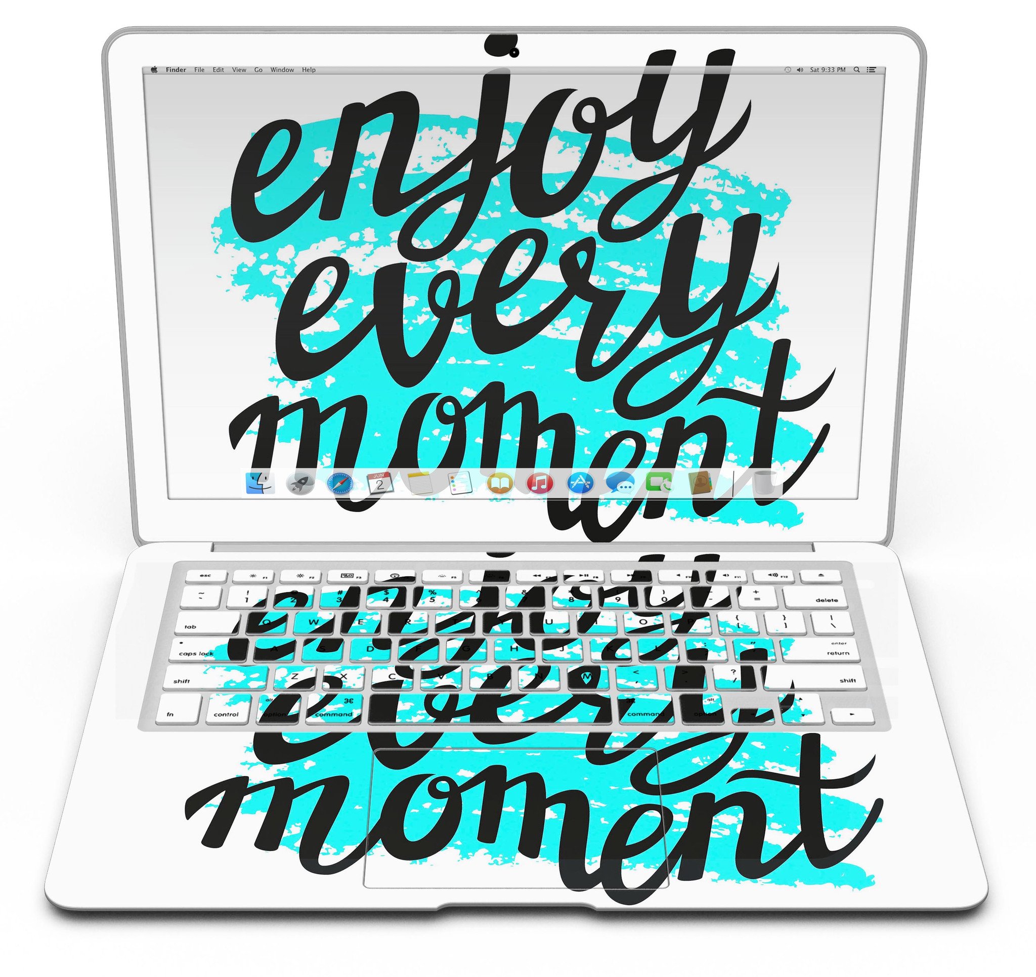 Enjoy Every Moment MacBook Air Skin Kit showcasing premium vinyl in gloss and matte finishes, designed for easy application and perfect fit.