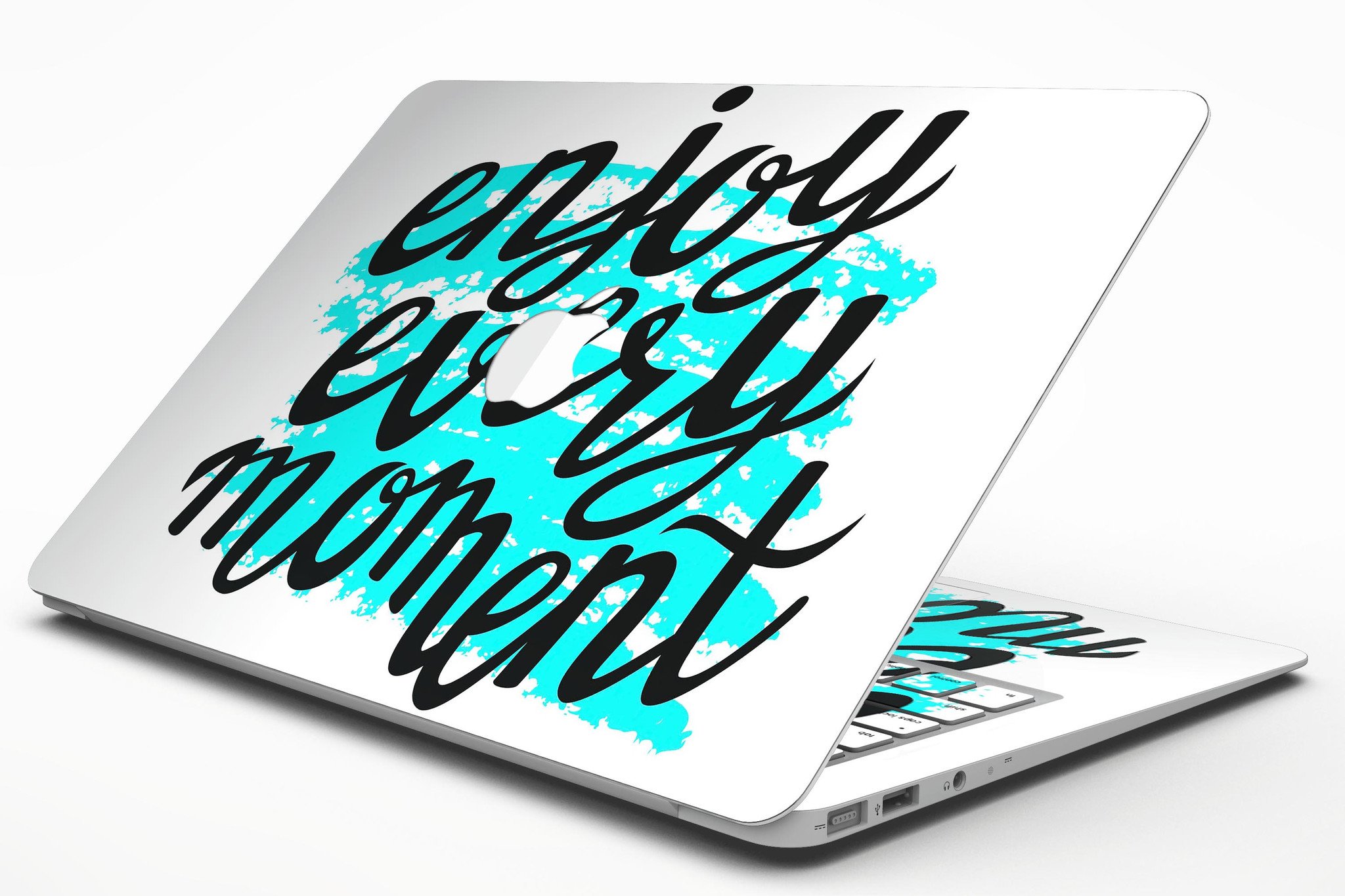 Enjoy Every Moment MacBook Air Skin Kit showcasing premium vinyl in gloss and matte finishes, designed for easy application and perfect fit.