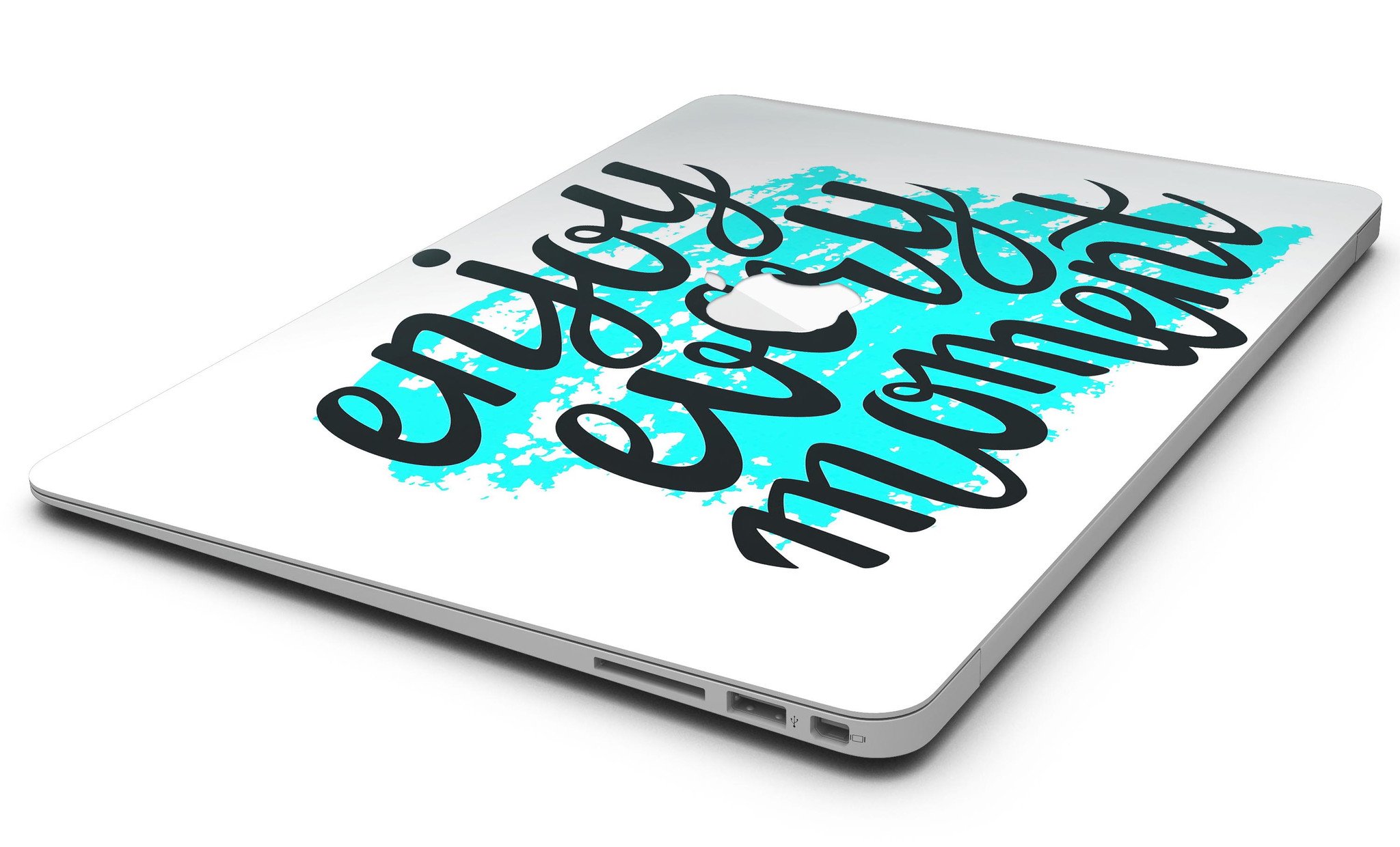 Enjoy Every Moment MacBook Air Skin Kit showcasing premium vinyl in gloss and matte finishes, designed for easy application and perfect fit.