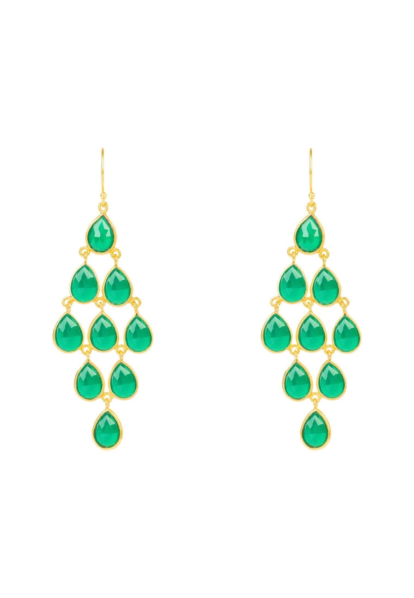 Erviola Gemstone Cascade Earrings featuring green onyx teardrop gemstones and a polished gold hook.