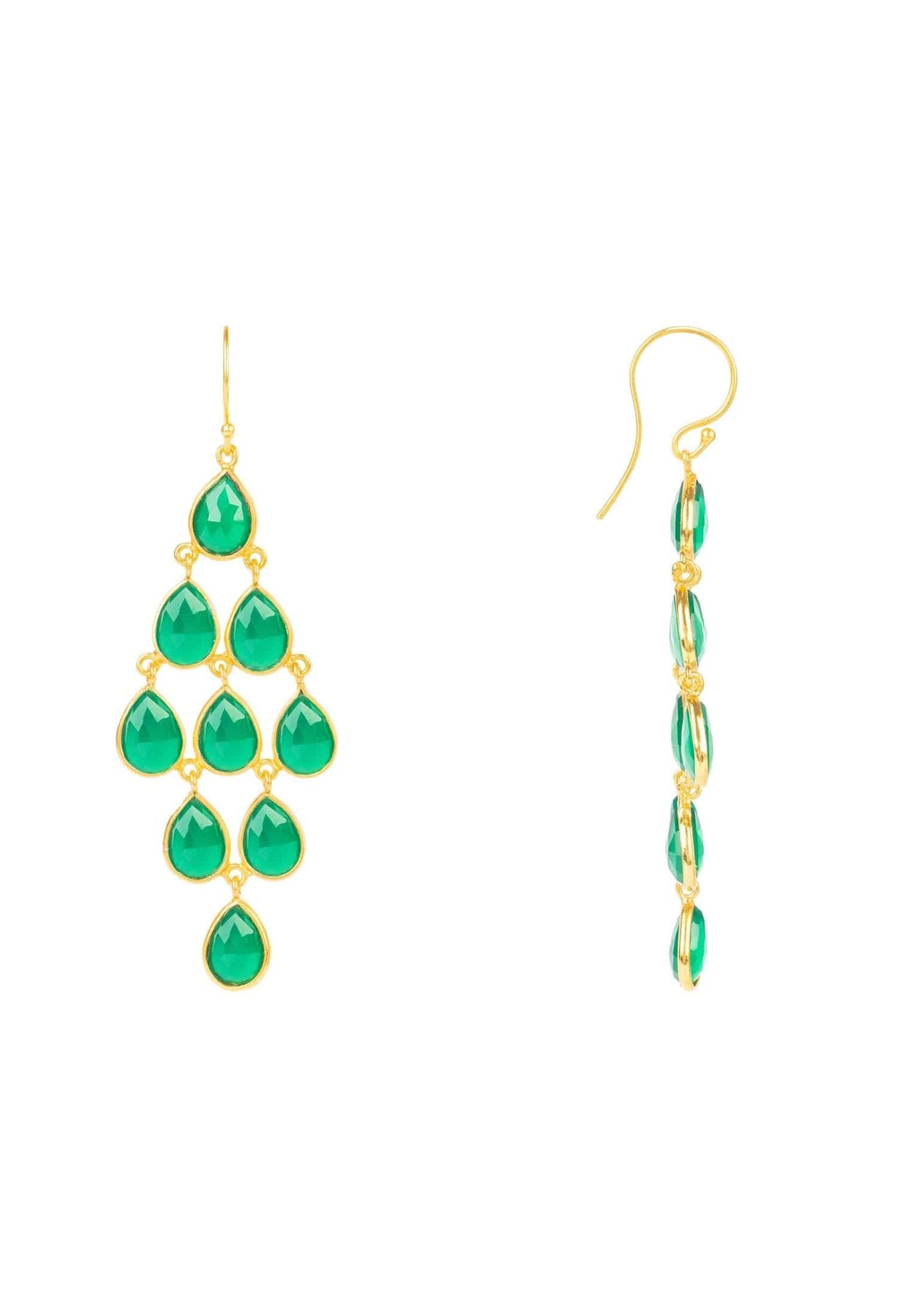 Erviola Gemstone Cascade Earrings featuring green onyx teardrop gemstones and a polished gold hook.