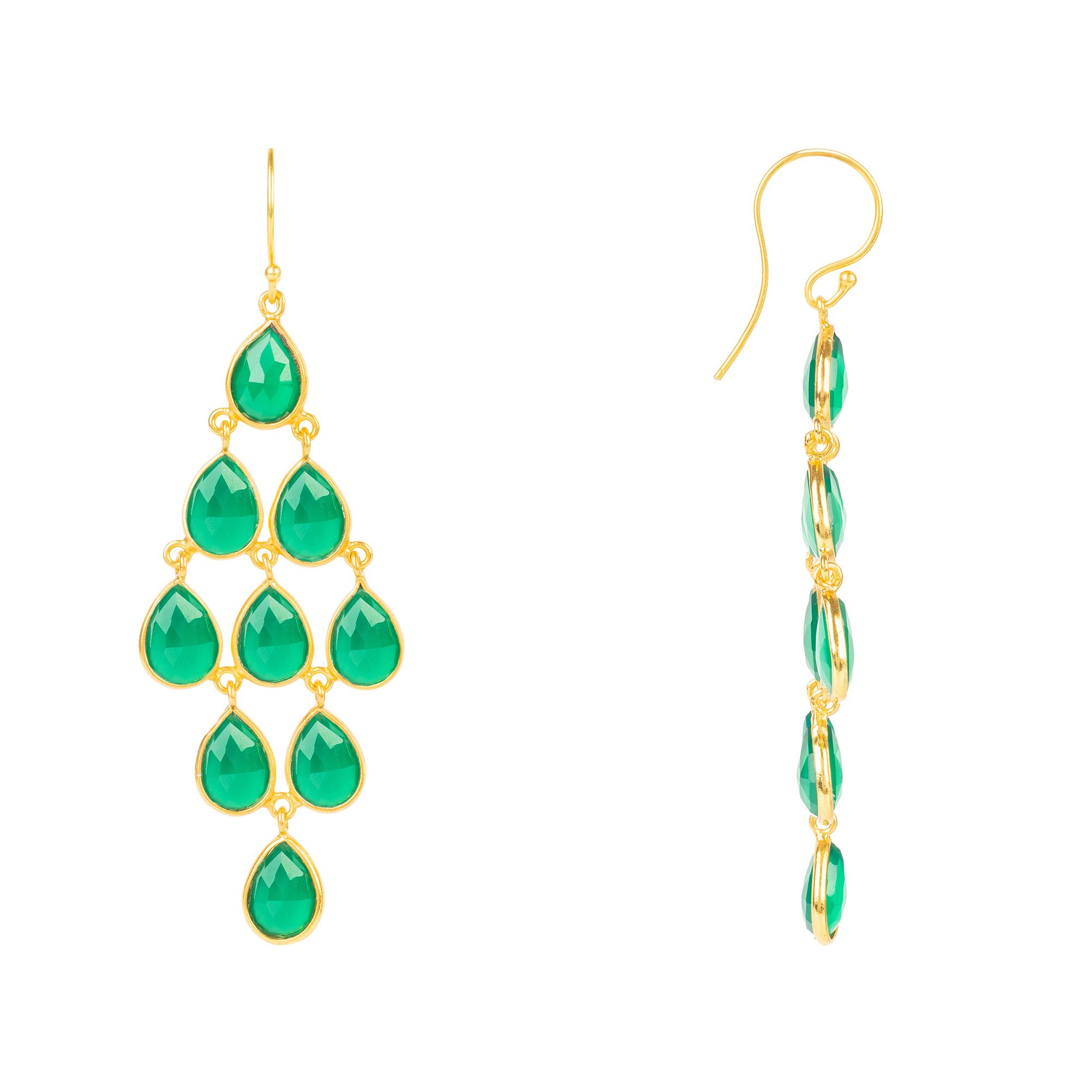 Erviola Gemstone Cascade Earrings featuring green onyx teardrop gemstones and a polished gold hook.