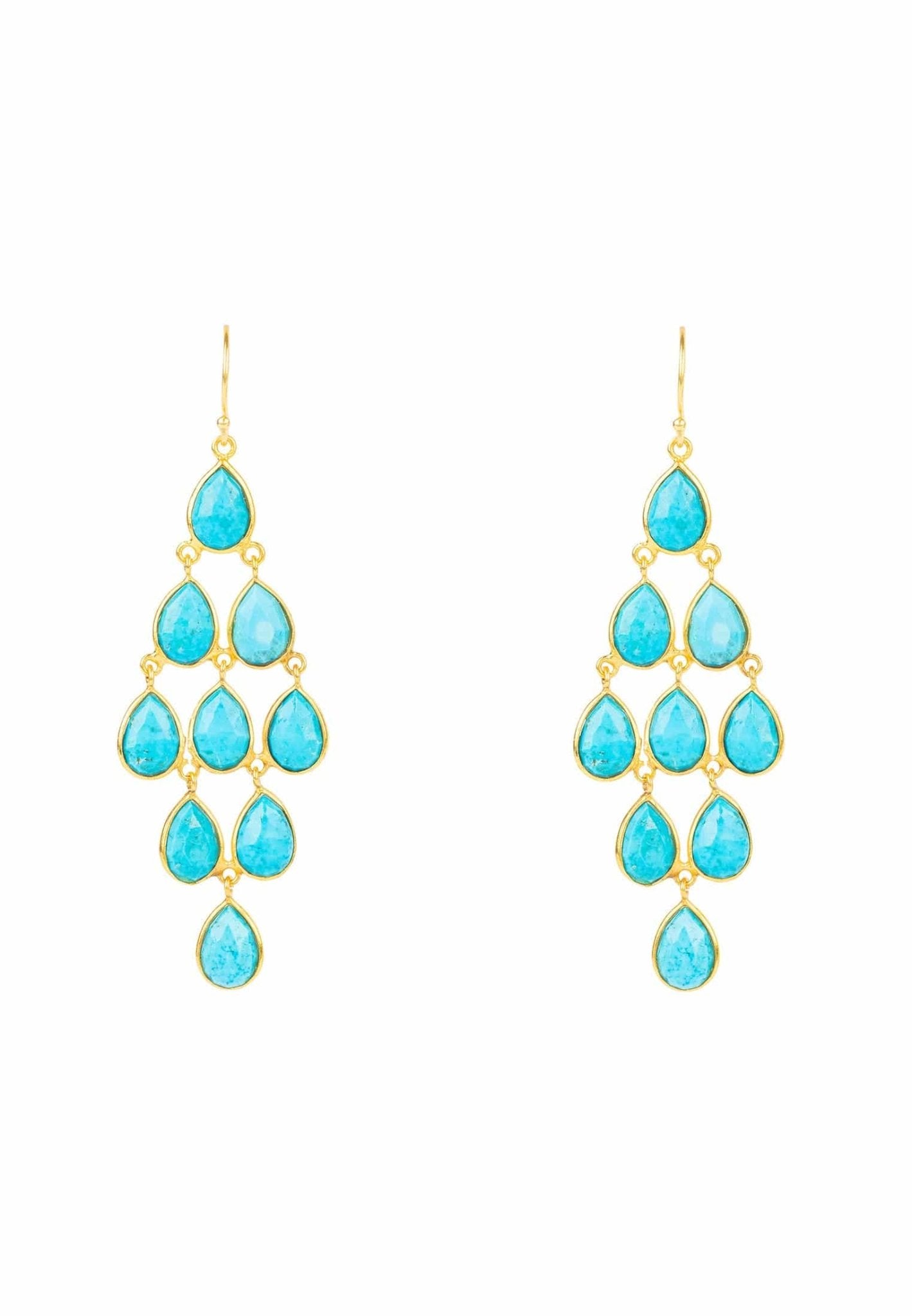 Erviola Gemstone Cascade Earrings featuring turquoise teardrop gemstones and gold accents, elegantly designed for versatile wear.