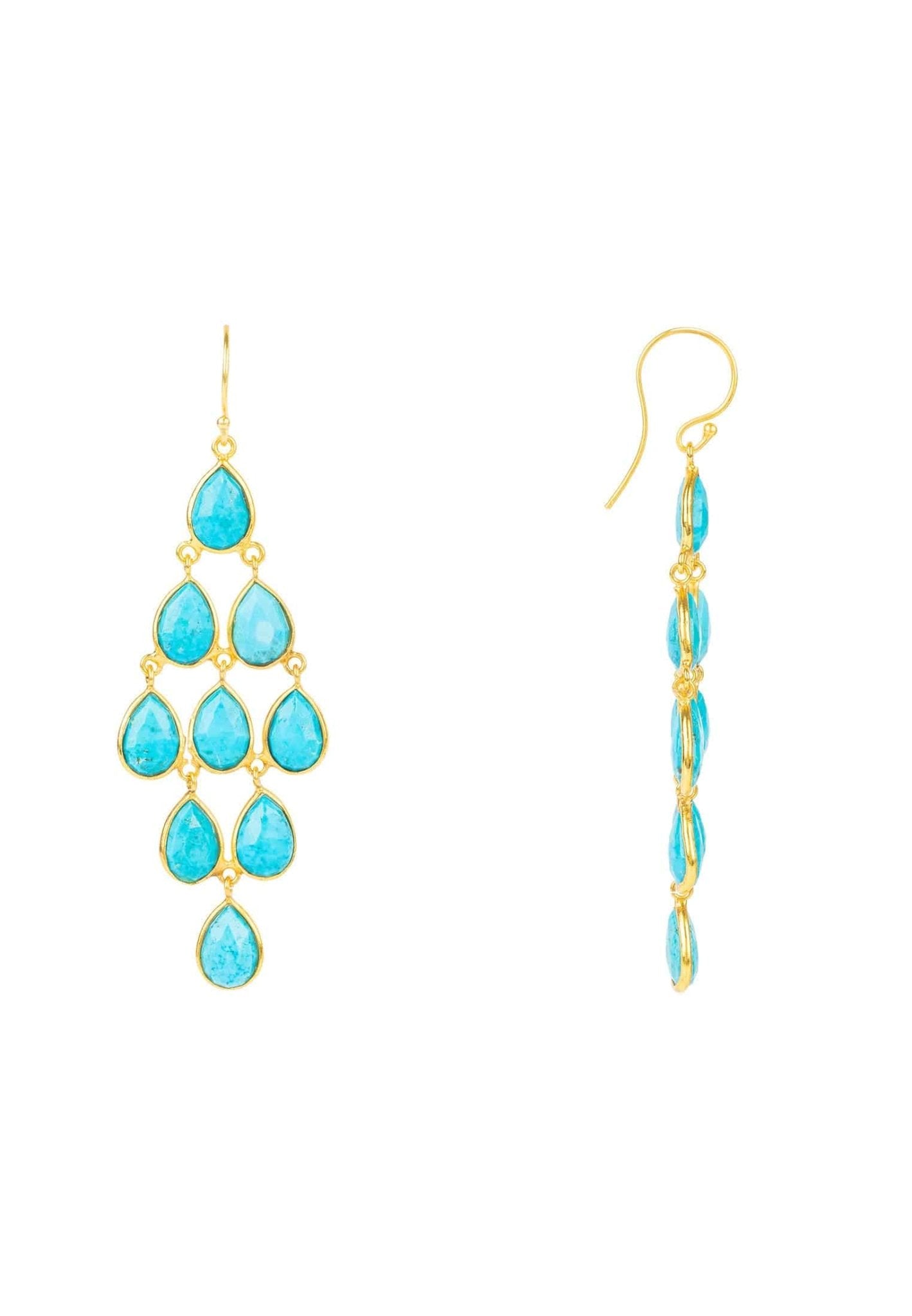 Erviola Gemstone Cascade Earrings featuring turquoise teardrop gemstones and gold accents, elegantly designed for versatile wear.