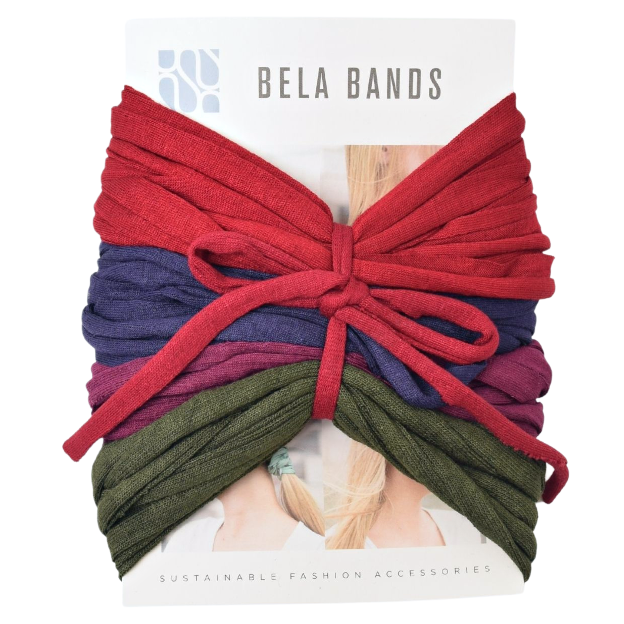 Essential Solids Bela Band 4-Pack featuring various solid colors, showcasing their versatility as headbands and bracelets.