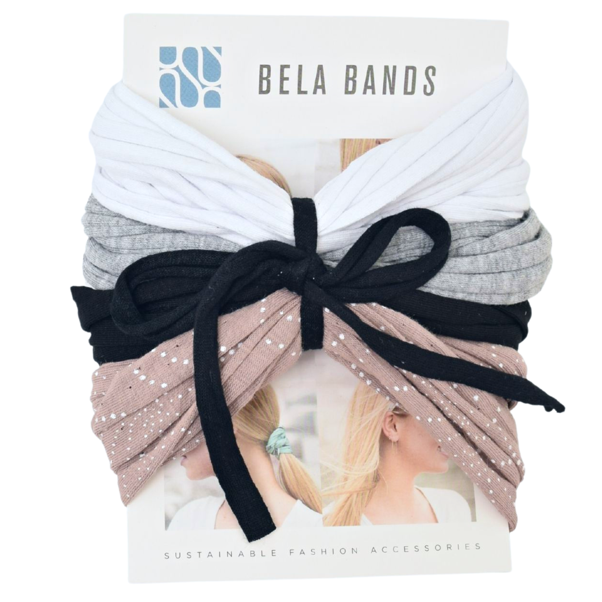 Essential Solids Bela Band 4-Pack featuring various solid colors, showcasing their versatility as headbands and bracelets.