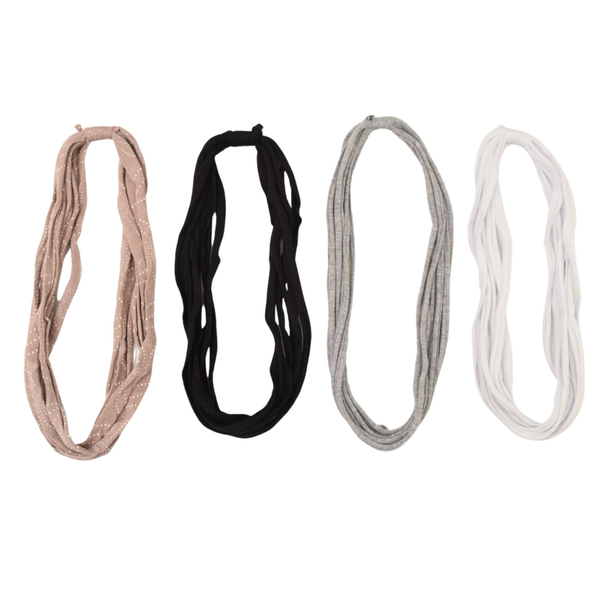 Essential Solids Bela Band 4-Pack featuring various solid colors, showcasing their versatility as headbands and bracelets.