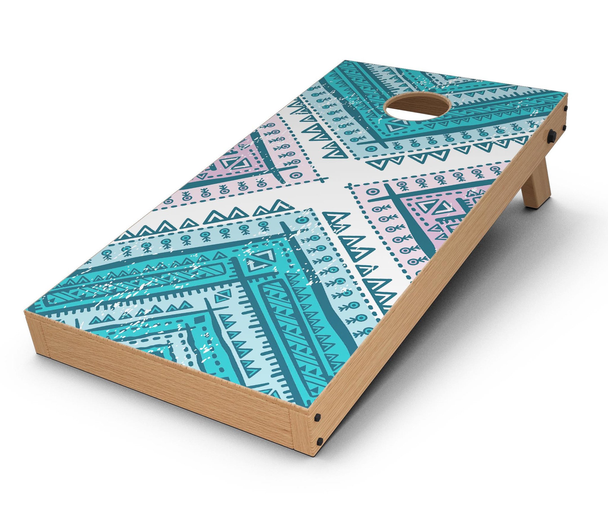 Ethnic Aztec Blue and Pink Point Cornhole Board Skin Decal Kit showcasing vibrant colors and intricate patterns.