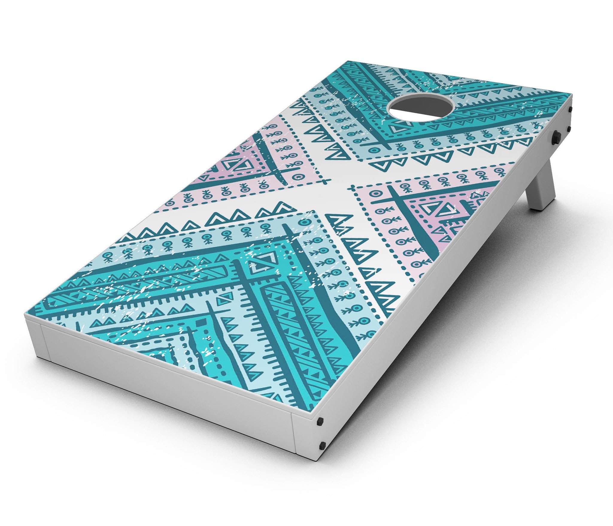 Ethnic Aztec Blue and Pink Point Cornhole Board Skin Decal Kit showcasing vibrant colors and intricate patterns.