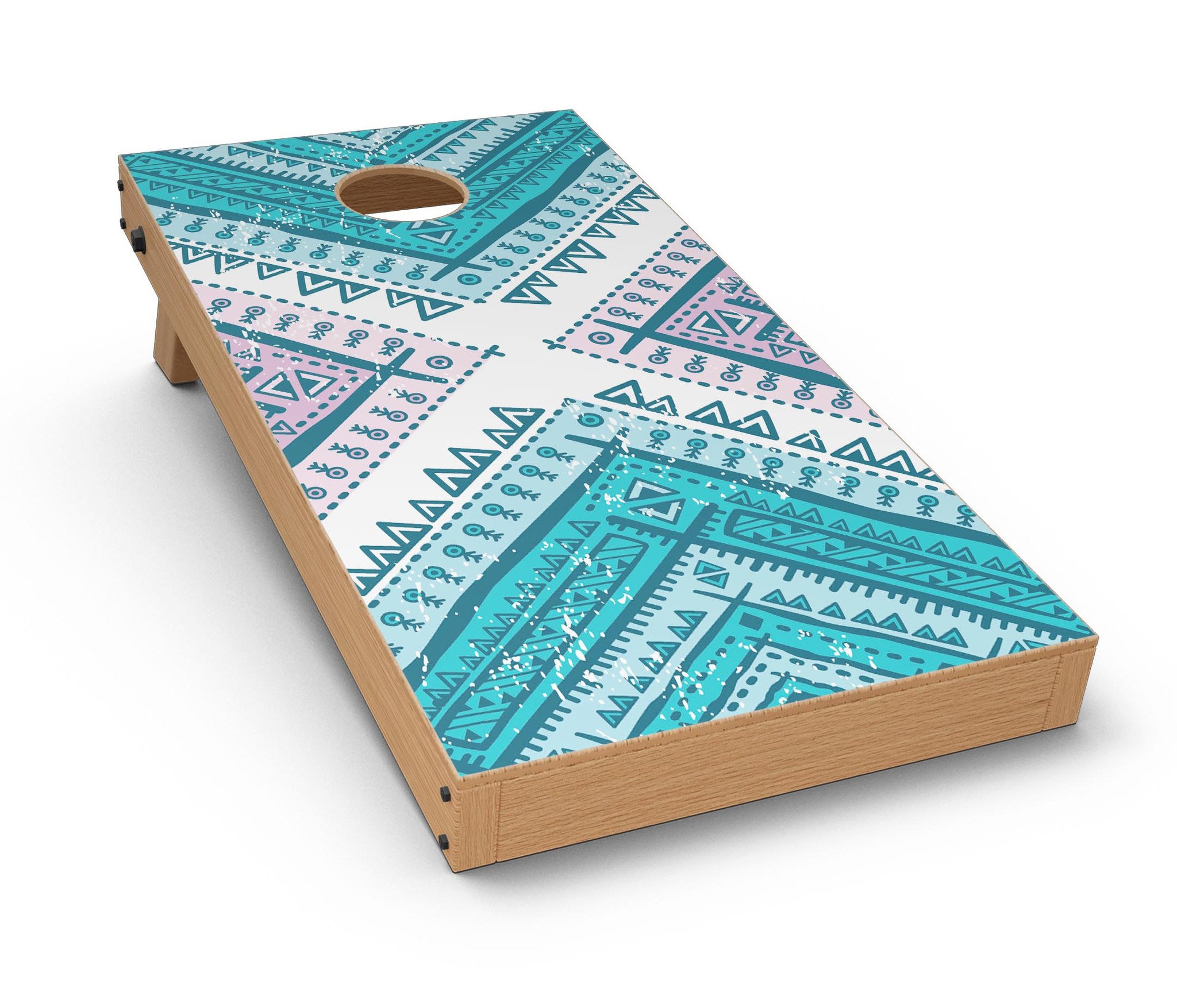 Ethnic Aztec Blue and Pink Point Cornhole Board Skin Decal Kit showcasing vibrant colors and intricate patterns.