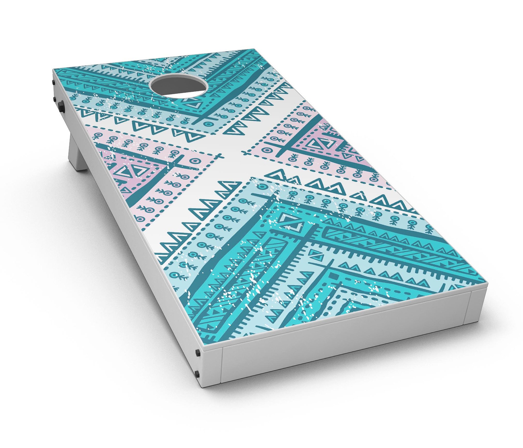 Ethnic Aztec Blue and Pink Point Cornhole Board Skin Decal Kit showcasing vibrant colors and intricate patterns.