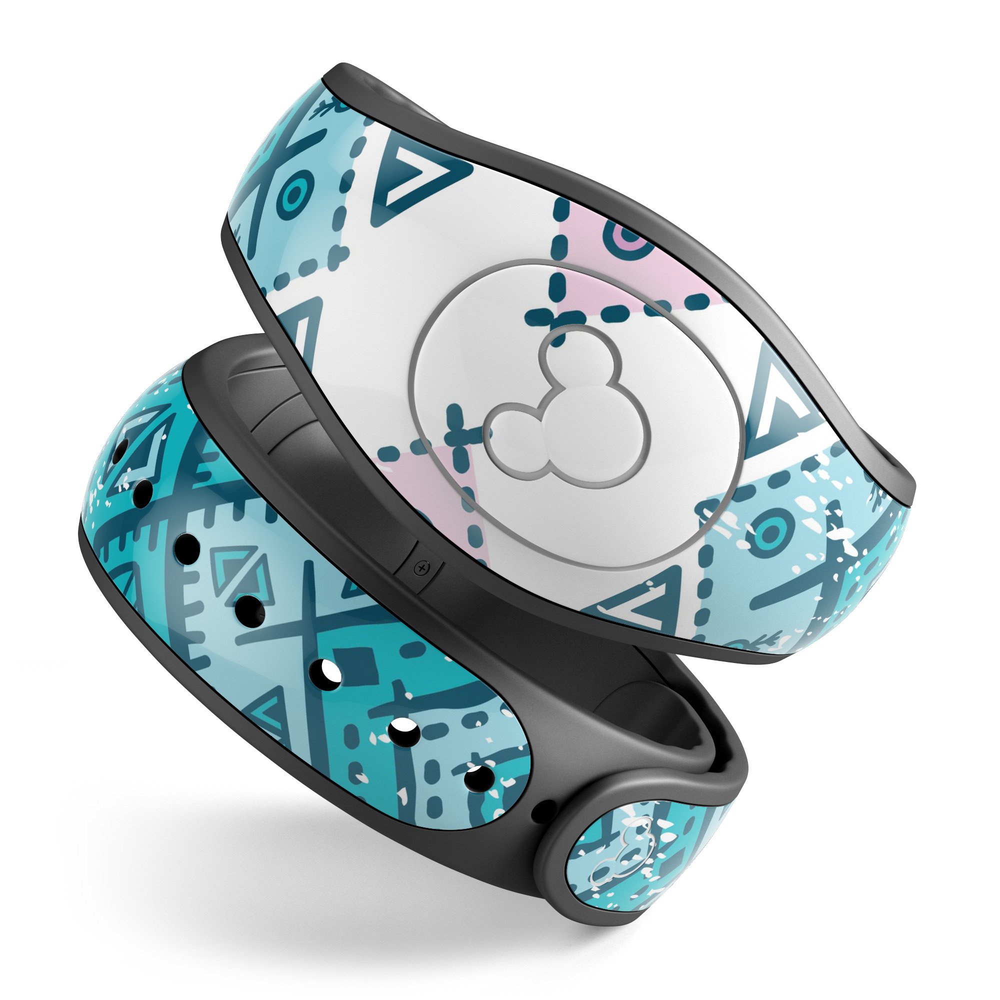 Ethnic Aztec Blue and Pink Point decal skin wrap kit for Disney Magic Band, showcasing vibrant colors and intricate patterns.