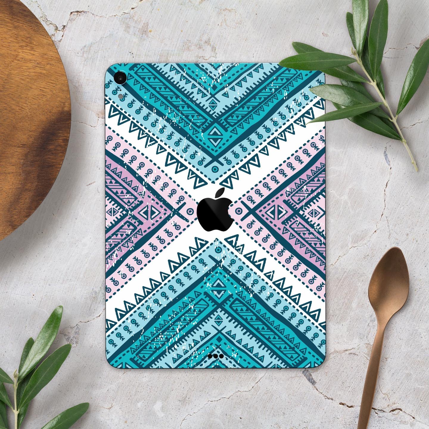 Ethnic Aztec Blue and Pink Point skin decal for Apple devices, showcasing vibrant colors and intricate patterns for stylish protection.