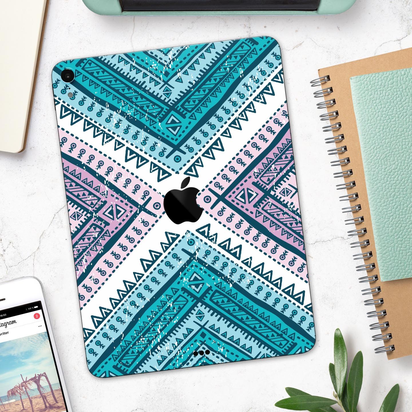 Ethnic Aztec Blue and Pink Point skin decal for Apple devices, showcasing vibrant colors and intricate patterns for stylish protection.