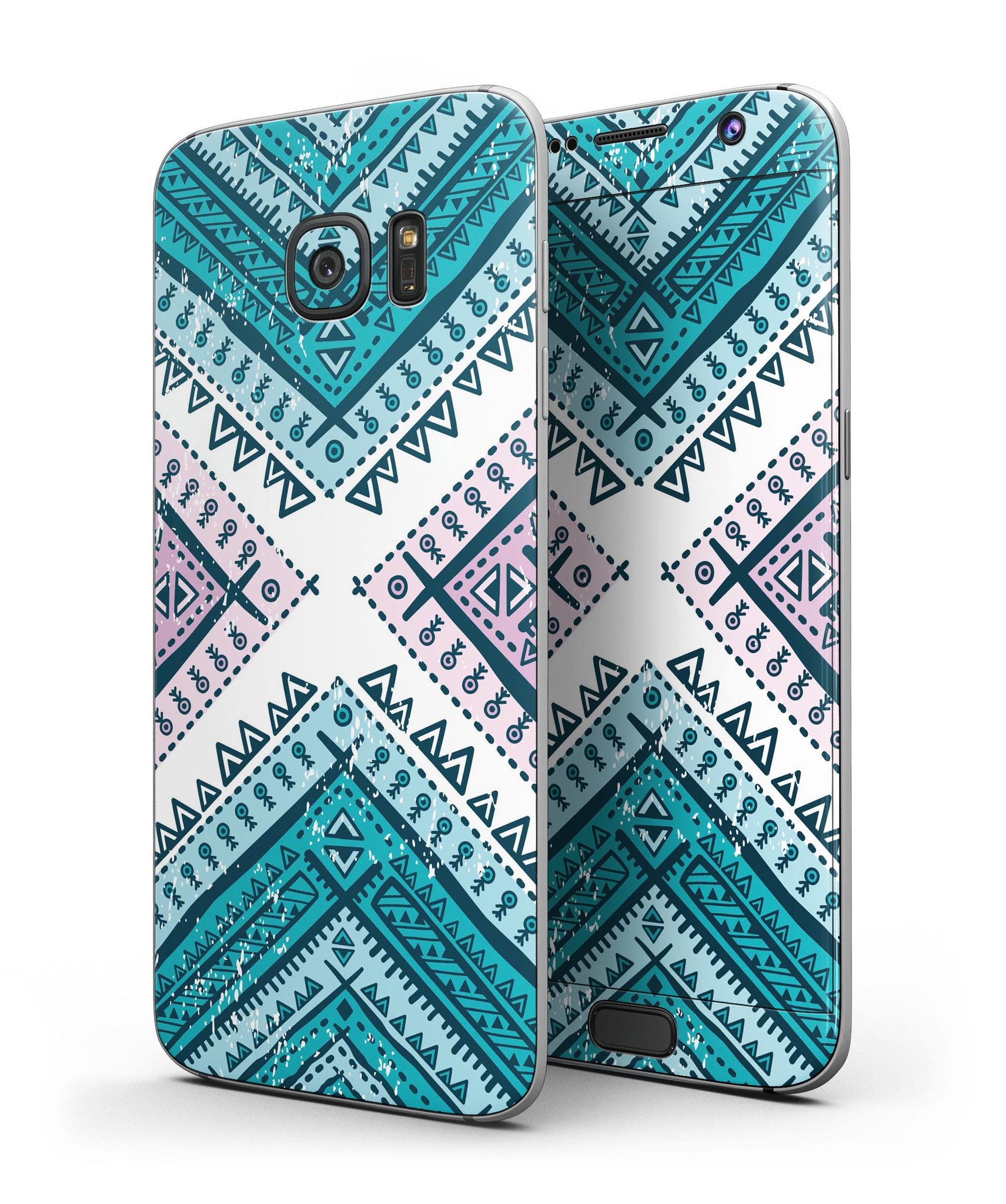 Ethnic Aztec Blue and Pink Point skin kit for Samsung Galaxy S7 and S7 Edge, showcasing vibrant colors and intricate patterns.