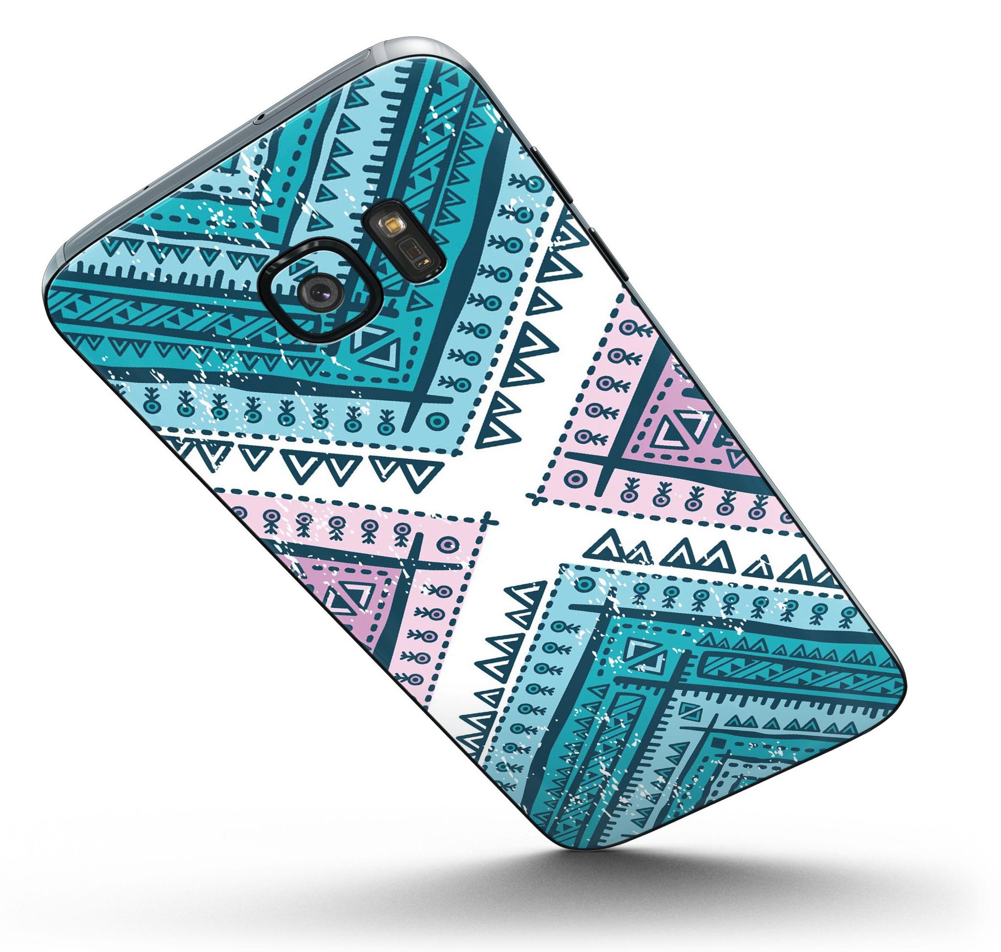 Ethnic Aztec Blue and Pink Point skin kit for Samsung Galaxy S7 and S7 Edge, showcasing vibrant colors and intricate patterns.