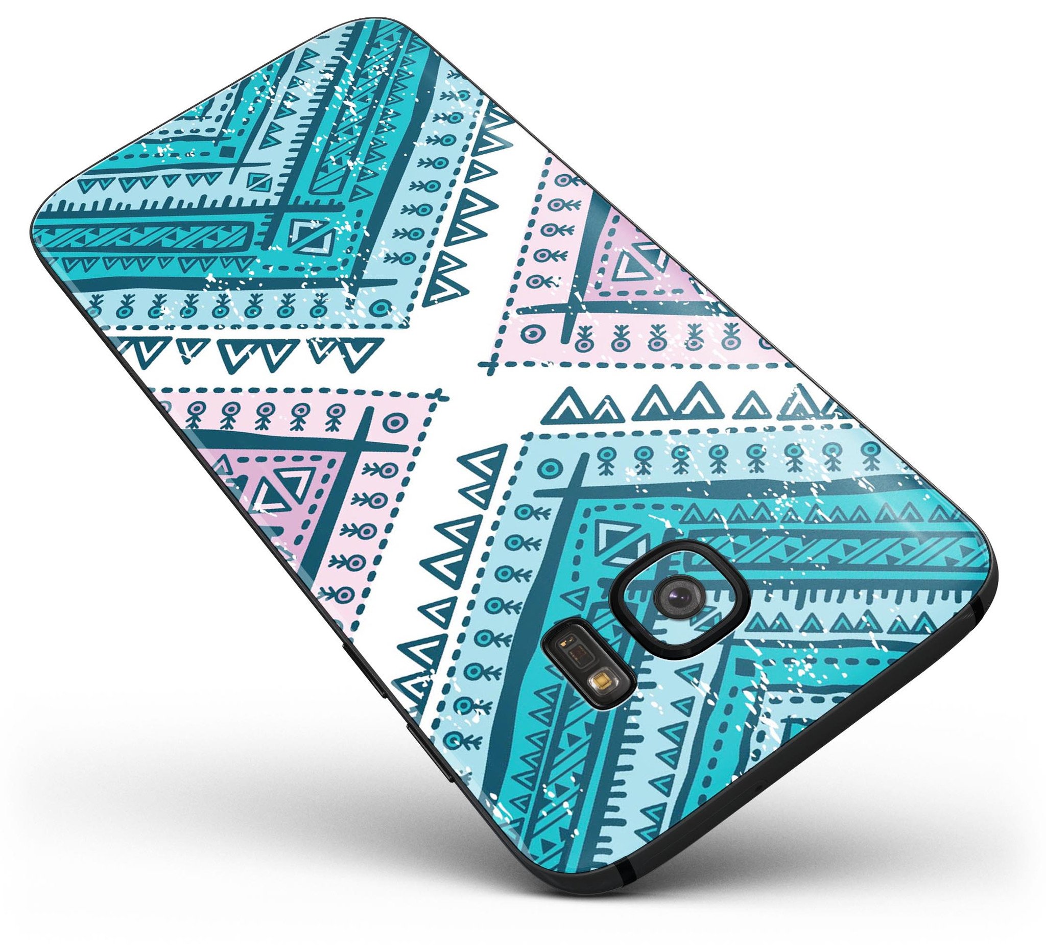 Ethnic Aztec Blue and Pink Point skin kit for Samsung Galaxy S7 and S7 Edge, showcasing vibrant colors and intricate patterns.