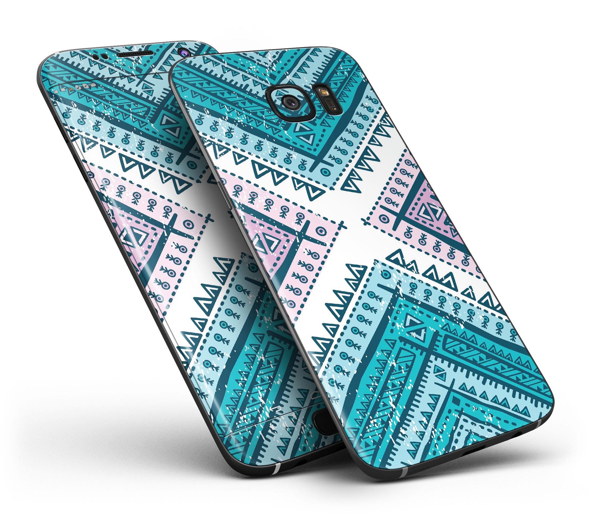 Ethnic Aztec Blue and Pink Point skin kit for Samsung Galaxy S7 and S7 Edge, showcasing vibrant colors and intricate patterns.