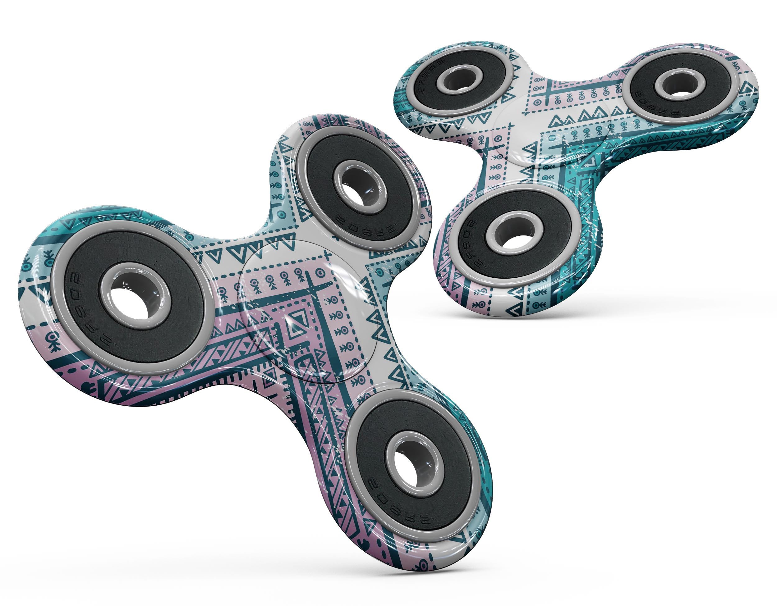 Ethnic Aztec Blue and Pink Point Full-Body Fidget Spinner Skin-Kit showcasing vibrant colors and intricate patterns.