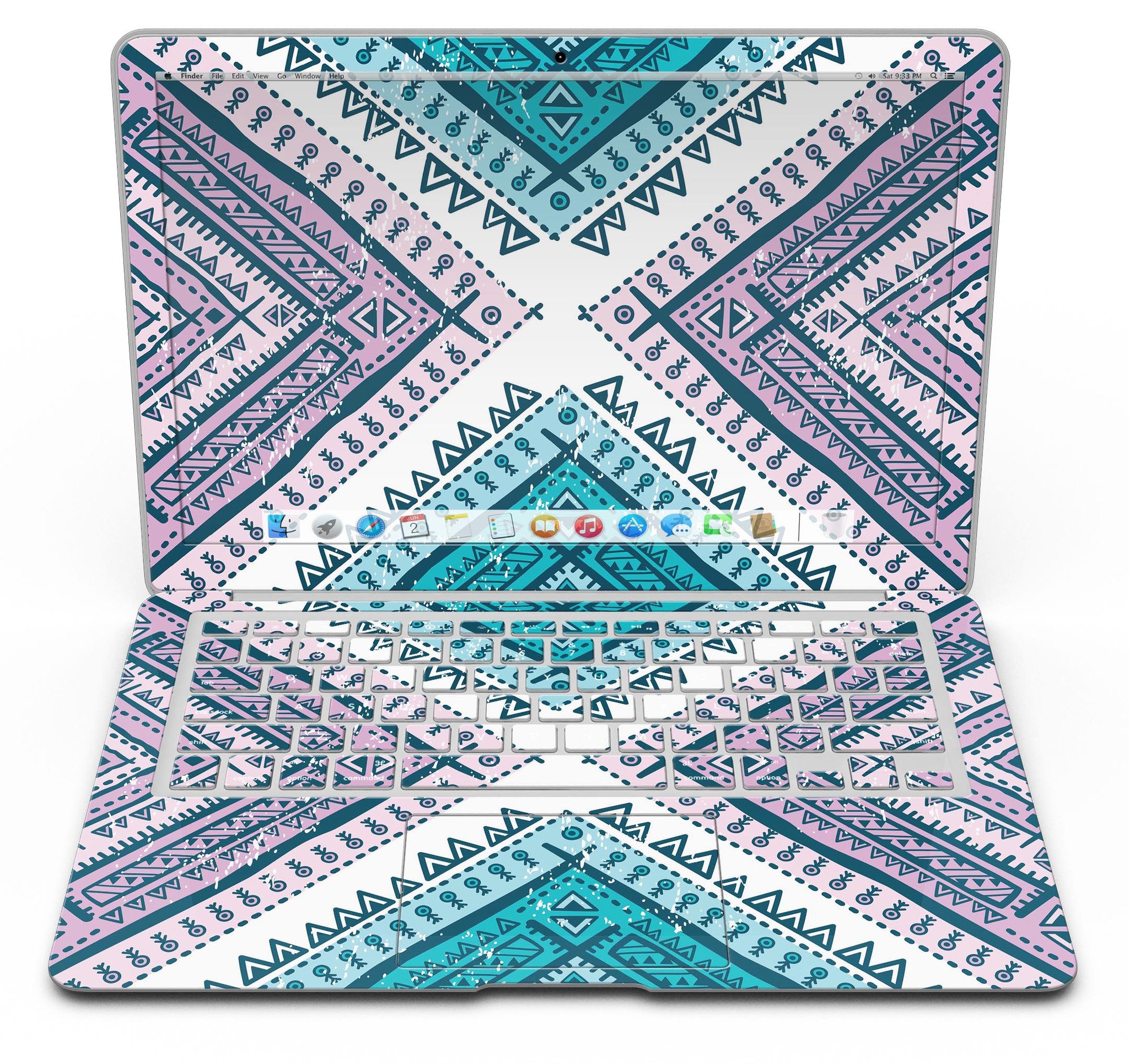 Ethnic Aztec Blue and Pink Skin Kit for MacBook Air, showcasing vibrant colors and intricate patterns.