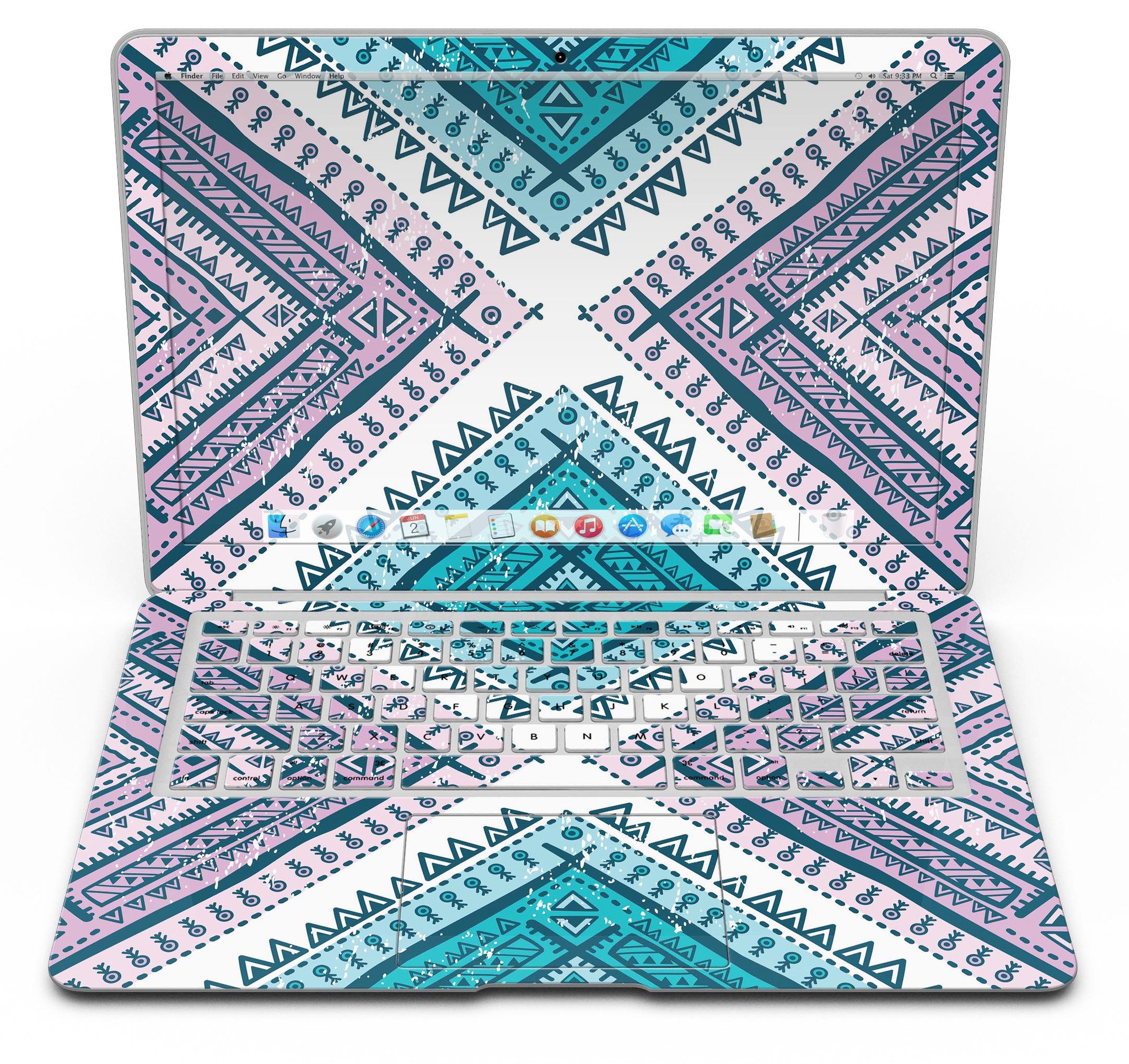 Ethnic Aztec Blue and Pink Skin Kit for MacBook Air, showcasing vibrant colors and intricate patterns.