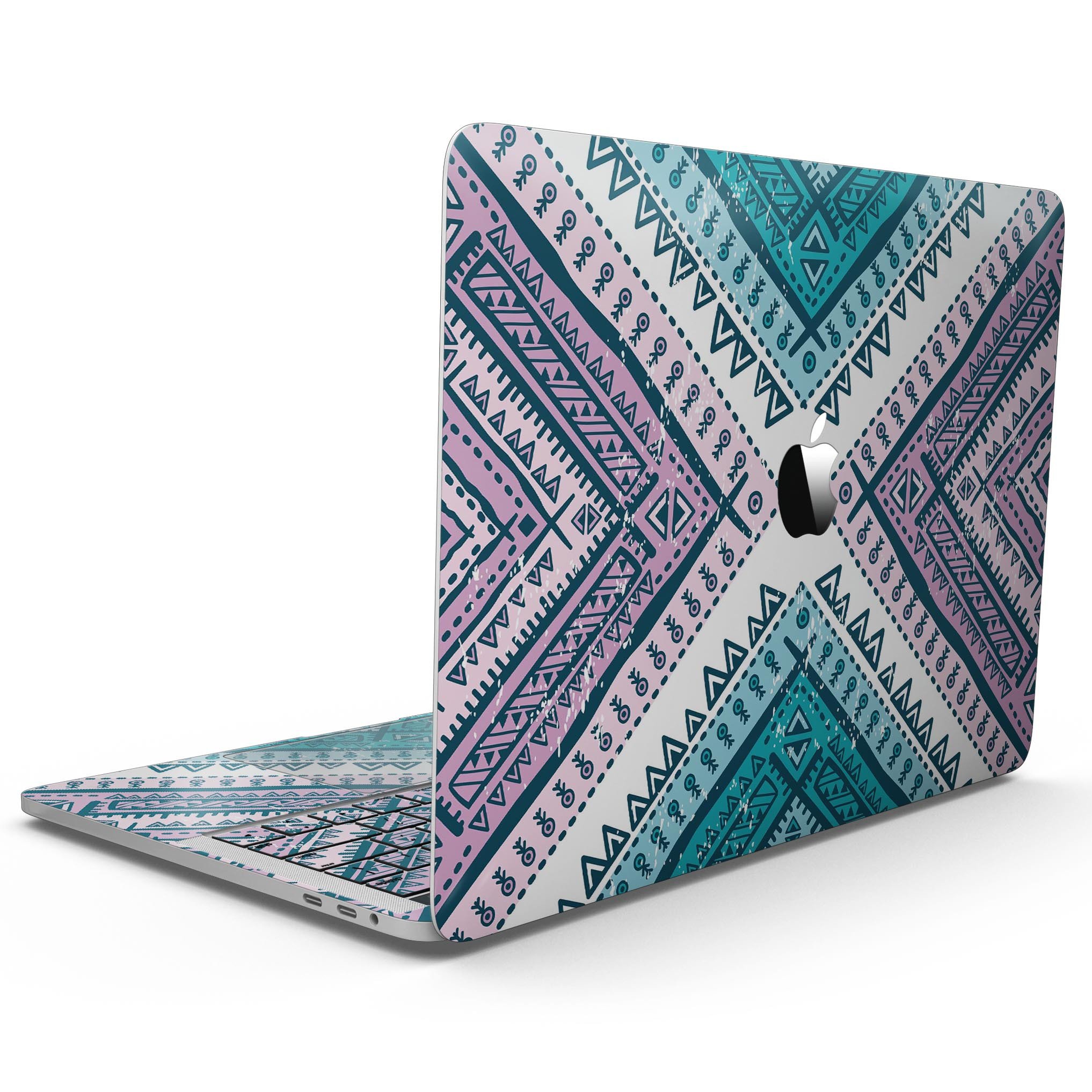 Ethnic Aztec Blue and Pink Skin Kit for MacBook Pro with Touch Bar, showcasing vibrant colors and intricate patterns.