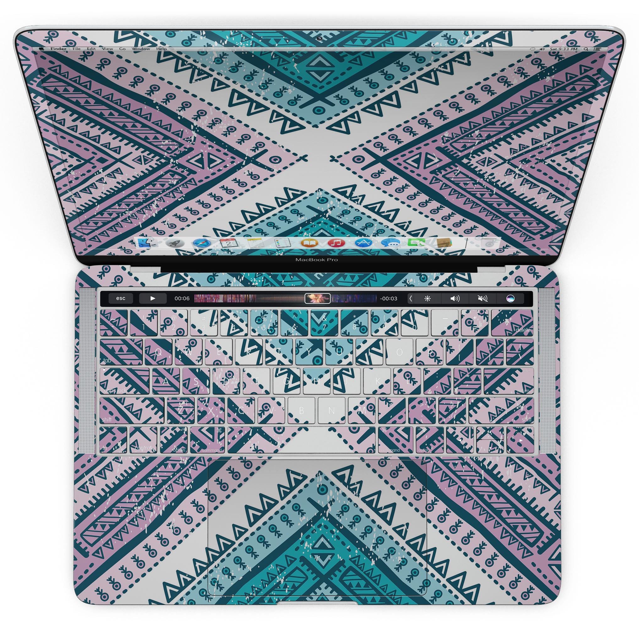 Ethnic Aztec Blue and Pink Skin Kit for MacBook Pro with Touch Bar, showcasing vibrant colors and intricate patterns.