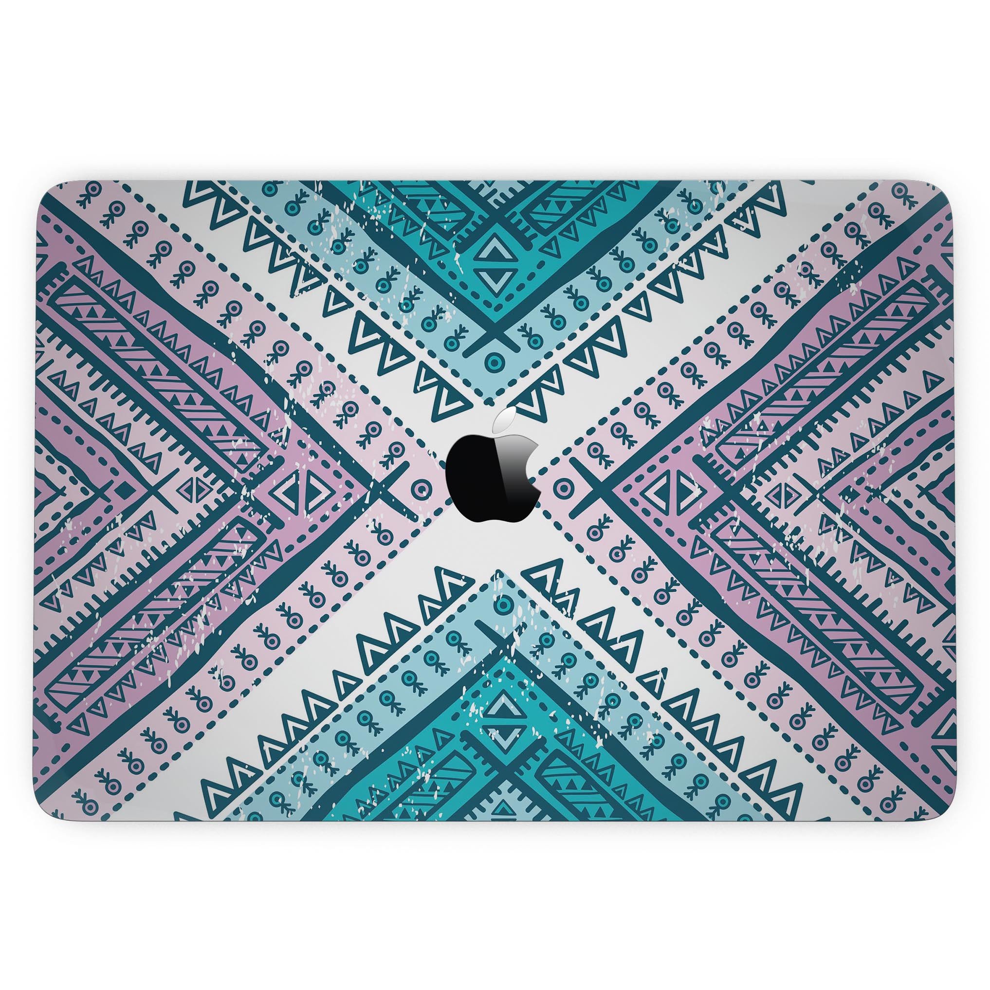 Ethnic Aztec Blue and Pink Skin Kit for MacBook Pro with Touch Bar, showcasing vibrant colors and intricate patterns.