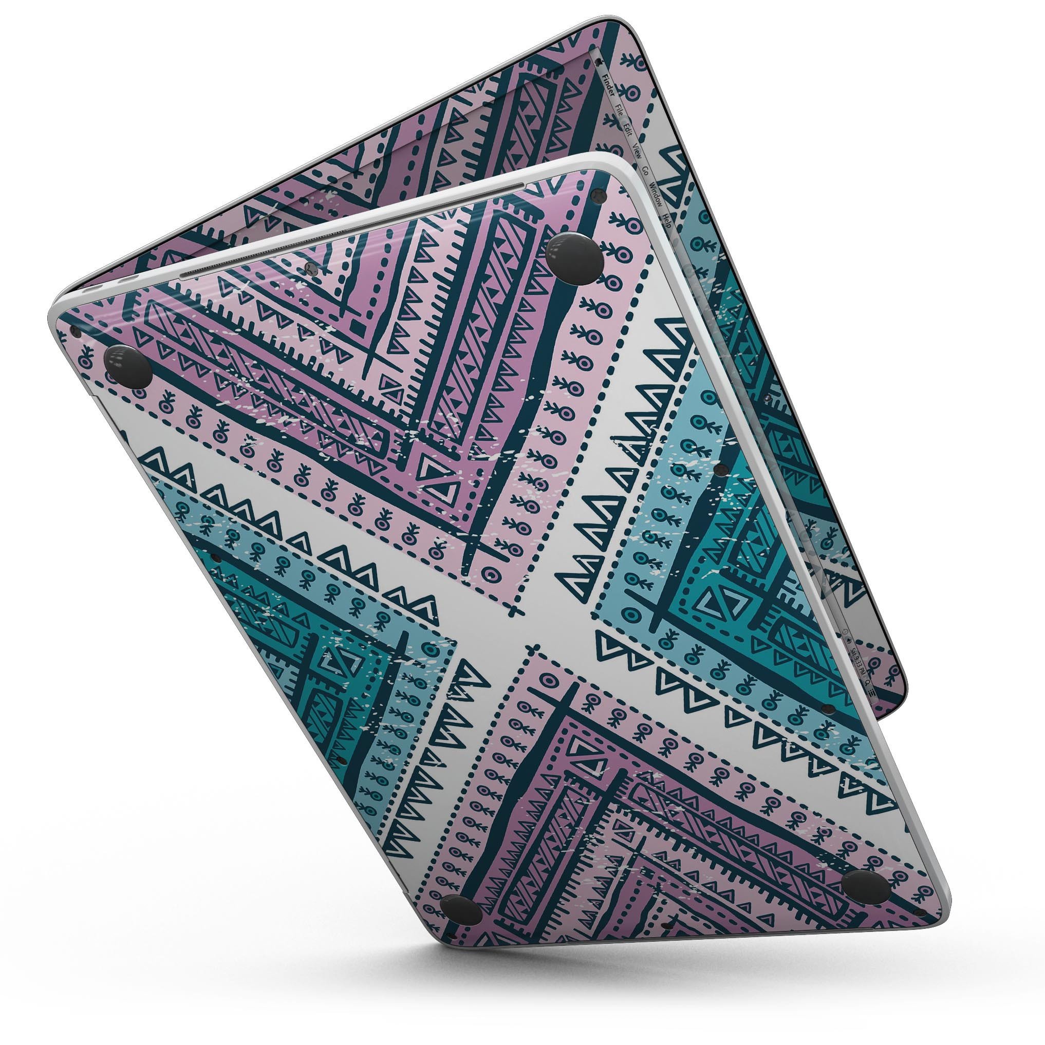 Ethnic Aztec Blue and Pink Skin Kit for MacBook Pro with Touch Bar, showcasing vibrant colors and intricate patterns.