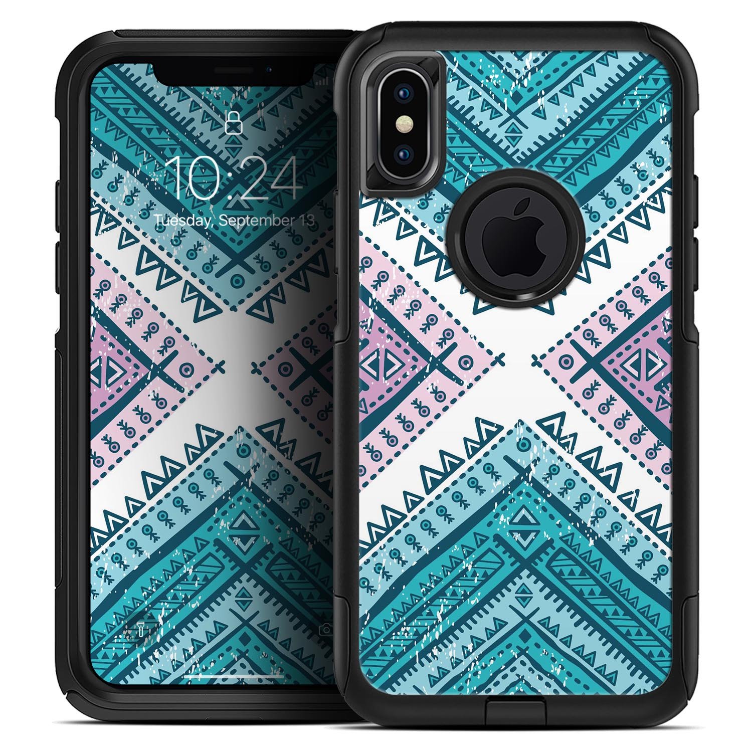 Ethnic Aztec Blue and Pink Point Skin Kit for iPhone OtterBox, featuring vibrant colors and intricate patterns.