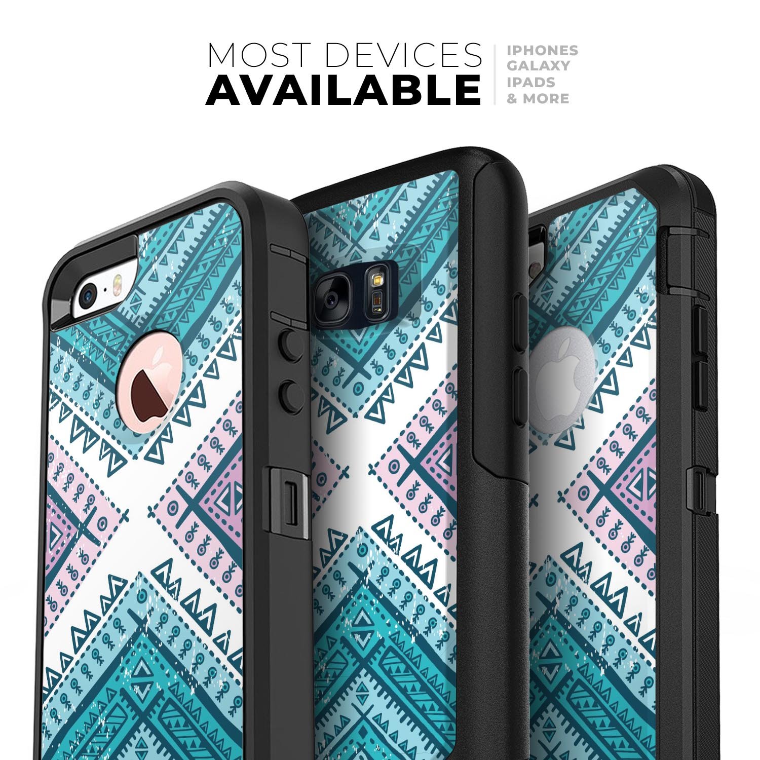 Ethnic Aztec Blue and Pink Point Skin Kit for iPhone OtterBox, featuring vibrant colors and intricate patterns.