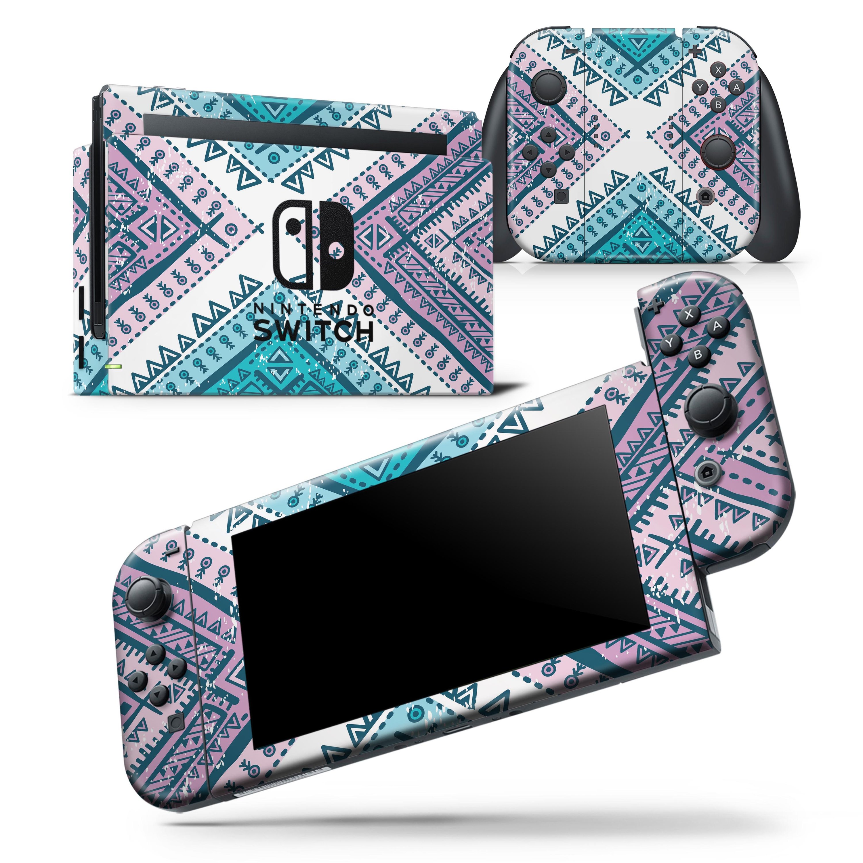 Ethnic Aztec Blue and Pink Skin Wrap Decal for Nintendo Switch, showcasing vibrant colors and intricate patterns.