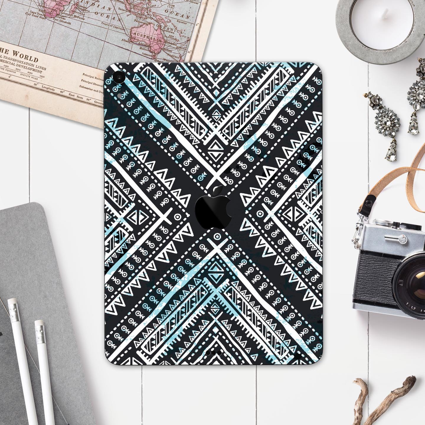 Ethnic Aztec Navy Point skin decal for Apple iPad Pro, showcasing vibrant colors and intricate design.