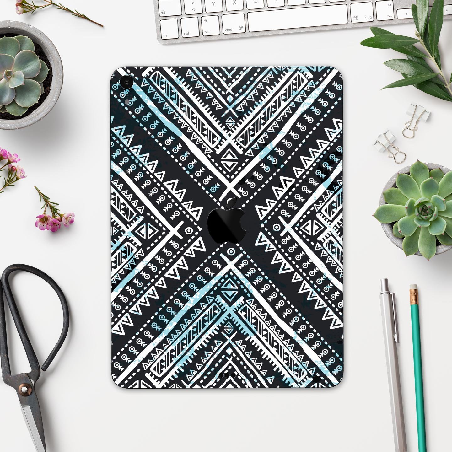 Ethnic Aztec Navy Point skin decal for Apple iPad Pro, showcasing vibrant colors and intricate design.