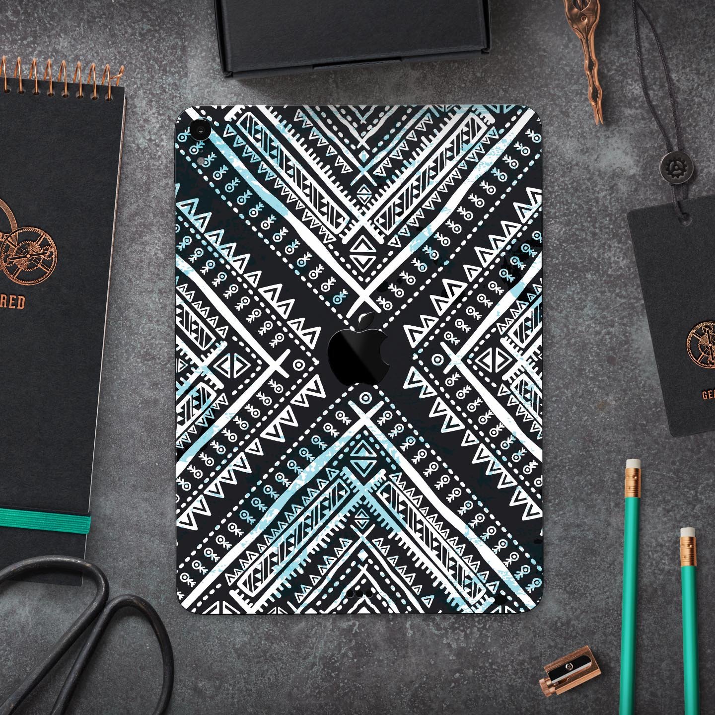 Ethnic Aztec Navy Point skin decal for Apple iPad Pro, showcasing vibrant colors and intricate design.