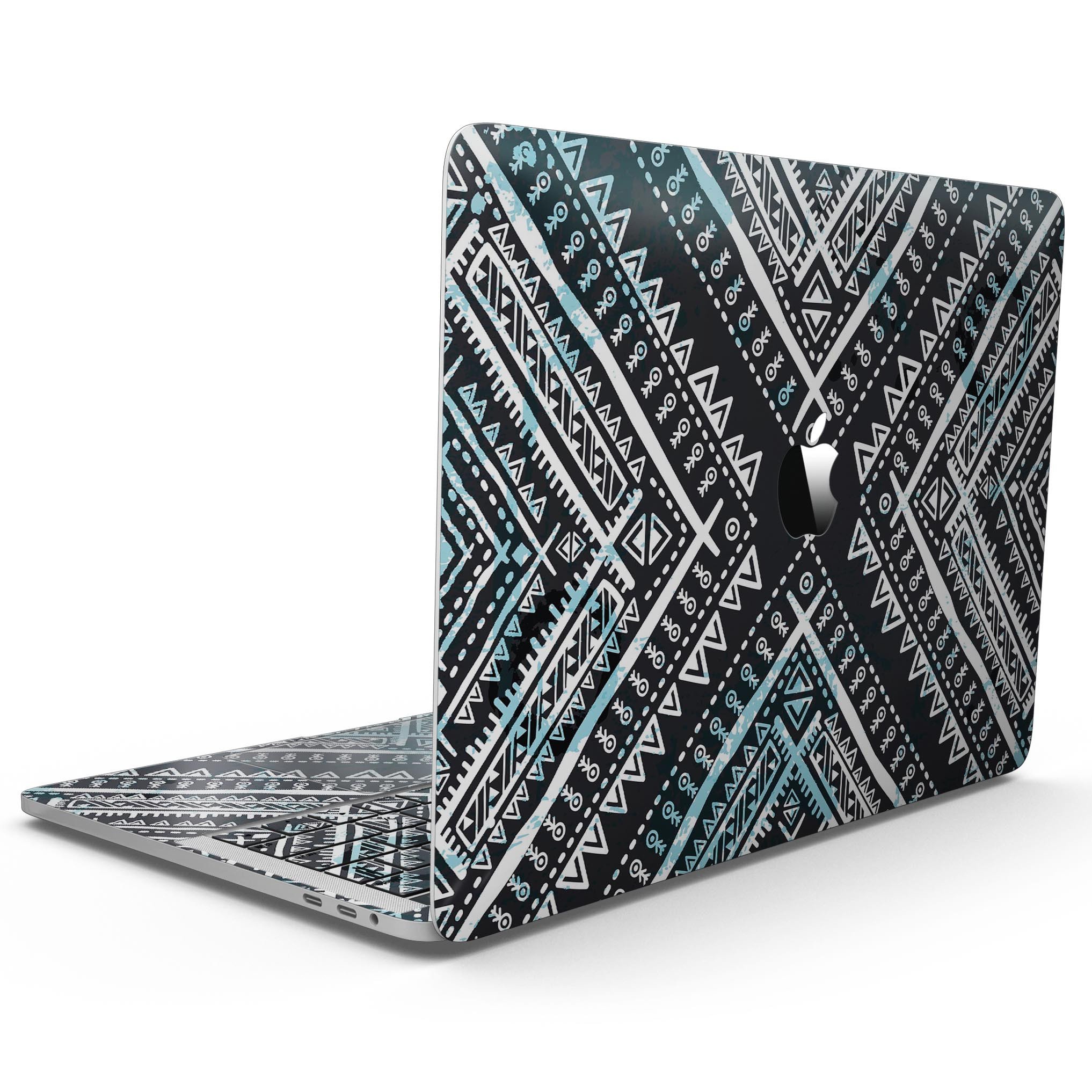 Ethnic Aztec Navy Point skin kit for MacBook Pro with Touch Bar, showcasing vibrant colors and intricate patterns.