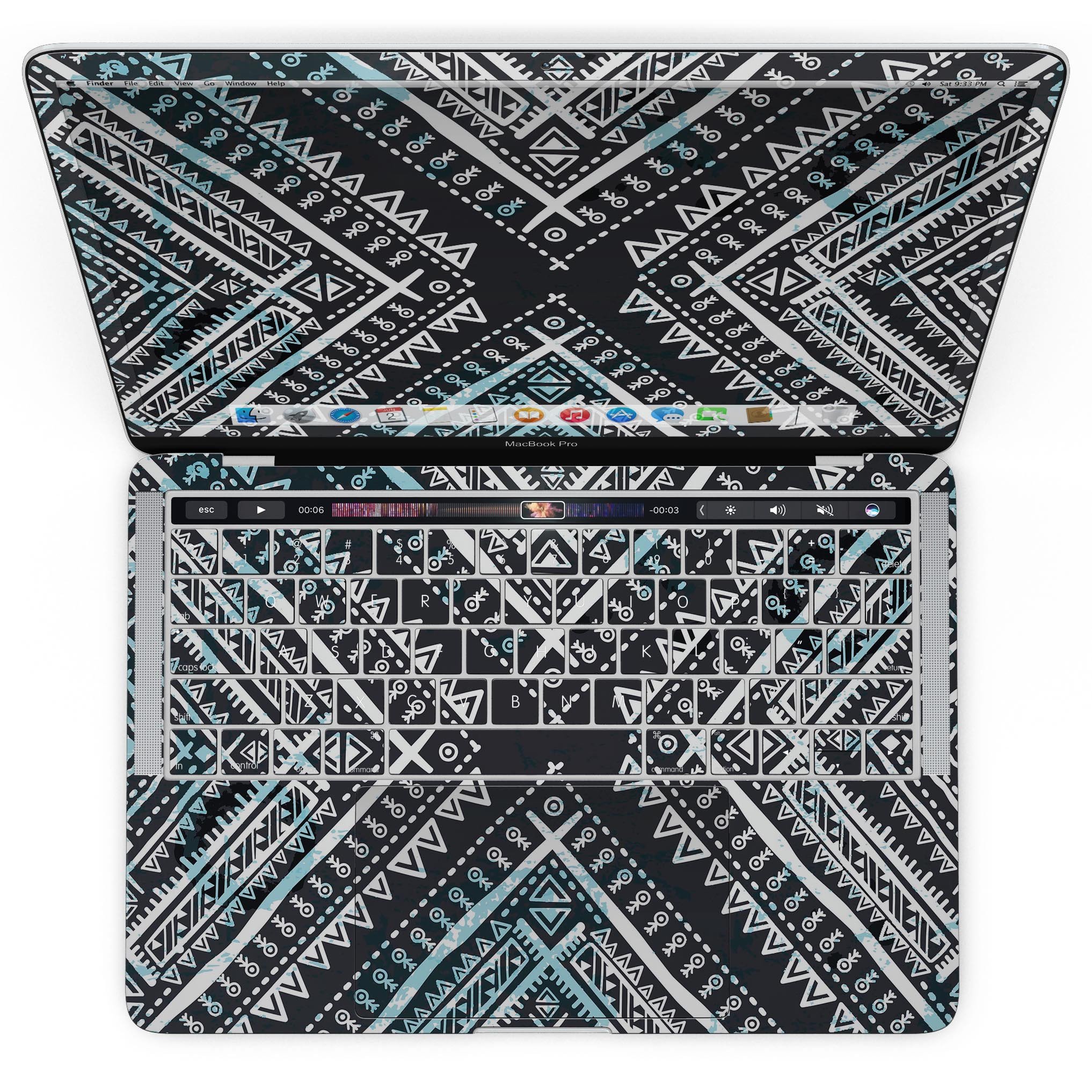 Ethnic Aztec Navy Point skin kit for MacBook Pro with Touch Bar, showcasing vibrant colors and intricate patterns.