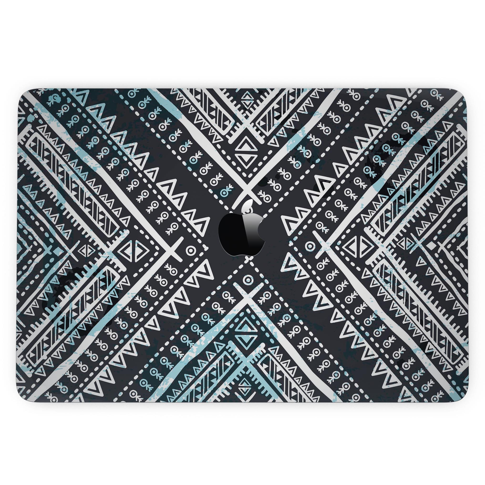 Ethnic Aztec Navy Point skin kit for MacBook Pro with Touch Bar, showcasing vibrant colors and intricate patterns.