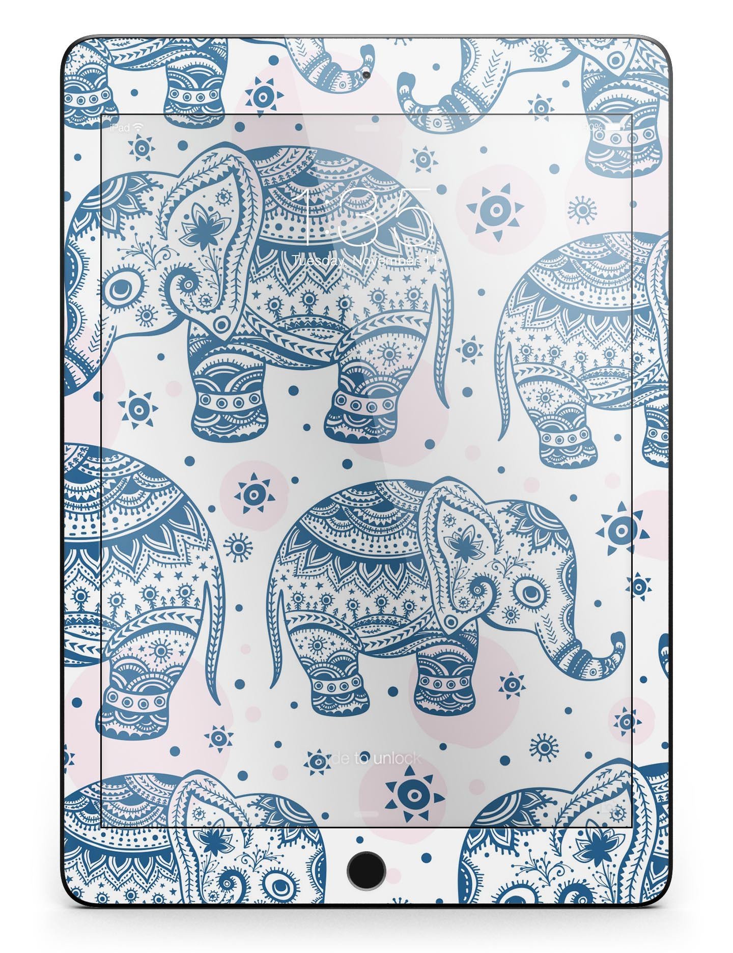 Ethnic Navy Seamless Aztec Elephant Full Body Skin for iPad Pro, showcasing vibrant colors and intricate design.