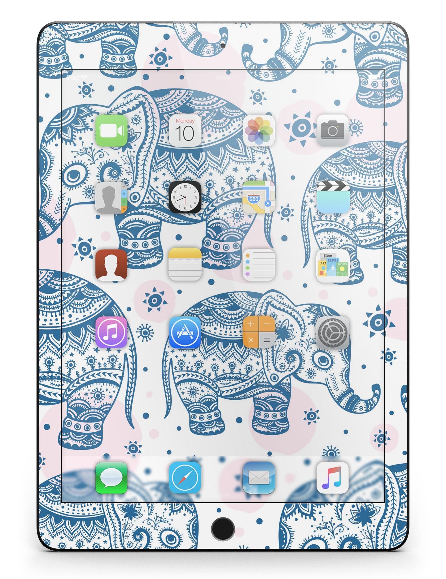 Ethnic Navy Seamless Aztec Elephant Full Body Skin for iPad Pro, showcasing vibrant colors and intricate design.