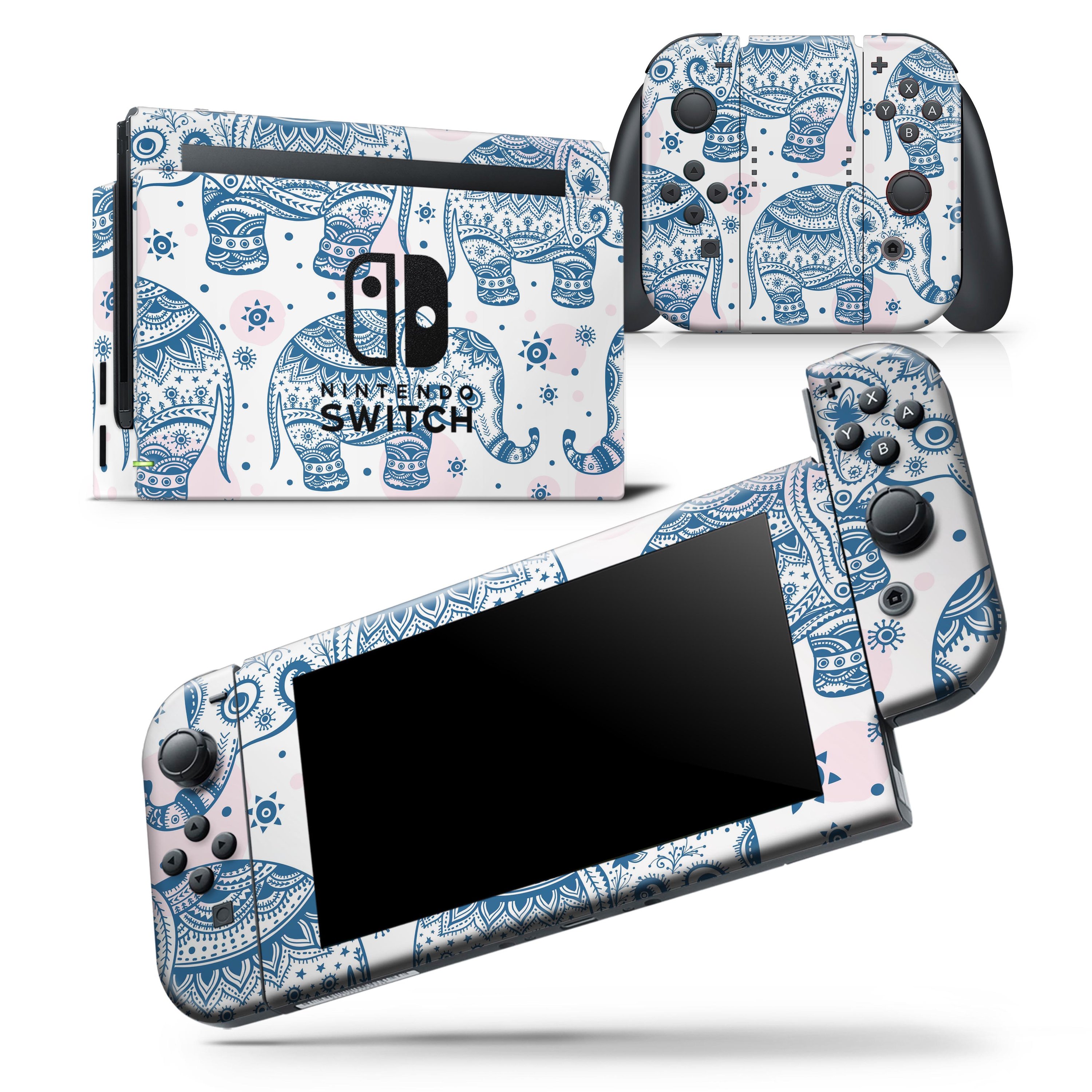 Ethnic Navy Seamless Aztec Elephant skin wrap decal for Nintendo Switch, showcasing intricate design and premium quality.