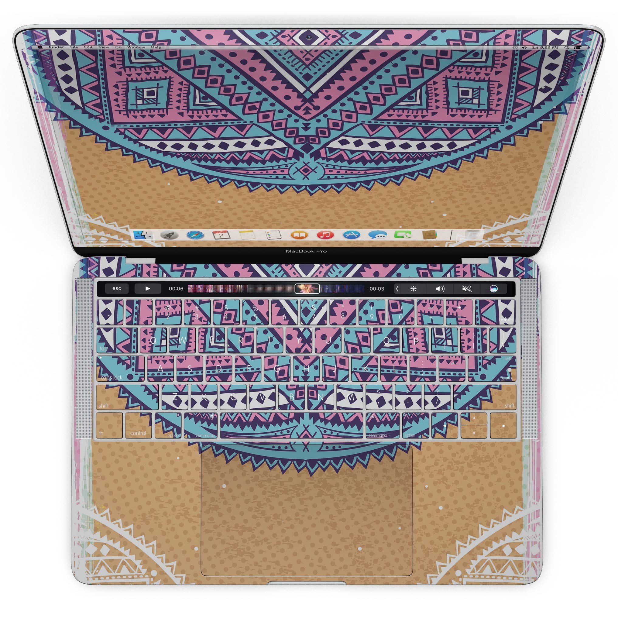 Ethnic Tribe Pattern V2 skin kit for MacBook Pro with Touch Bar, showcasing vibrant tribal designs on a sleek device.