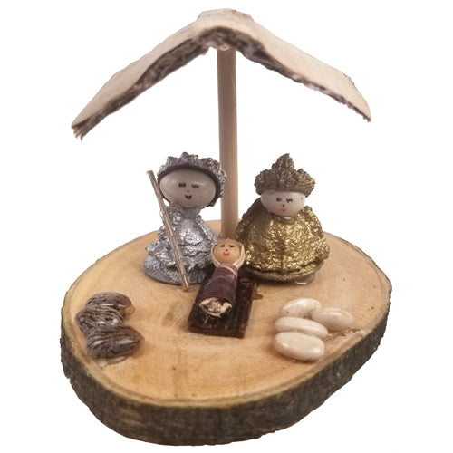 Eucalyptus Hut Nativity featuring Mary, Joseph, and Baby Jesus made from natural materials on a wooden base.