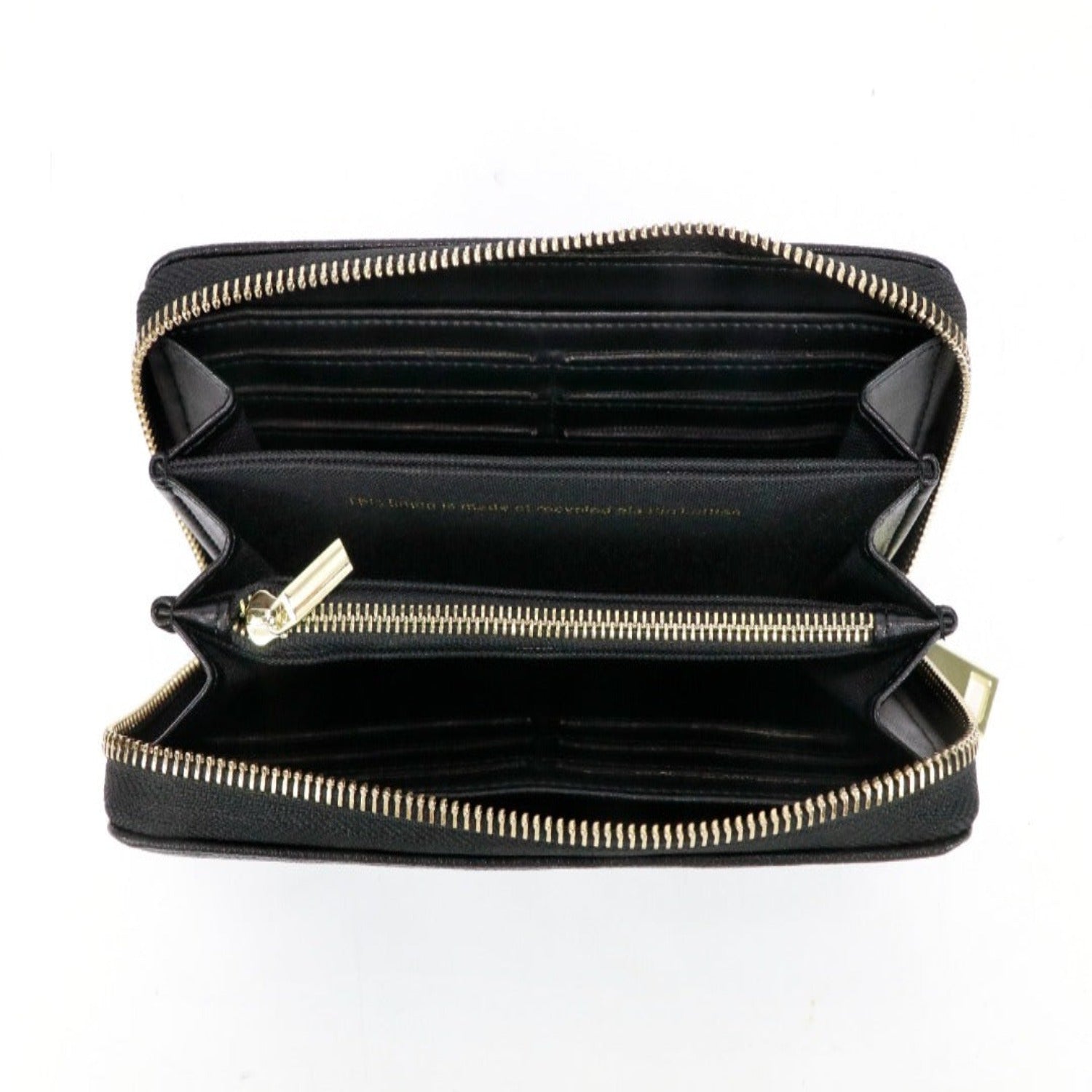 EVA Wallet in Black made from premium vegan leather with zip-around design, featuring card slots and RFID protection.