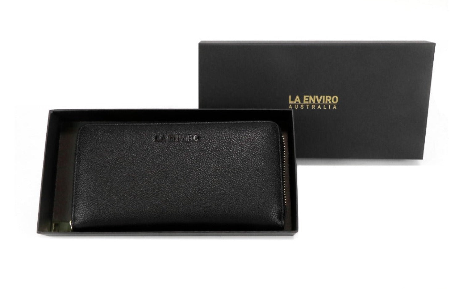 EVA Wallet in Black made from premium vegan leather with zip-around design, featuring card slots and RFID protection.