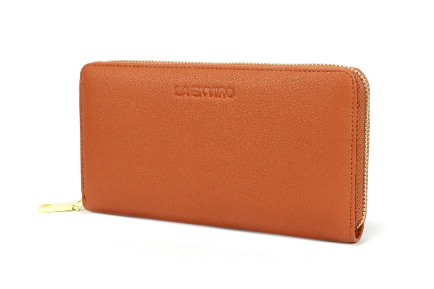 EVA Wallet in Tan made from premium vegan leather with zip-around design, featuring card slots and coin pocket.