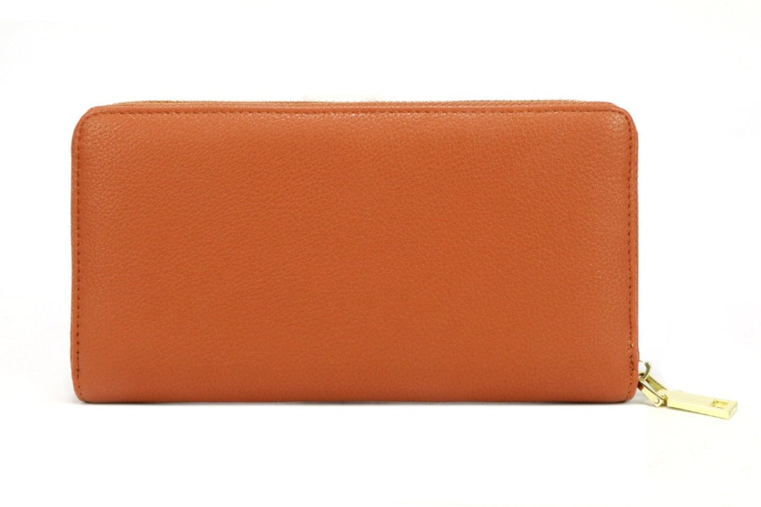 EVA Wallet in Tan made from premium vegan leather with zip-around design, featuring card slots and coin pocket.