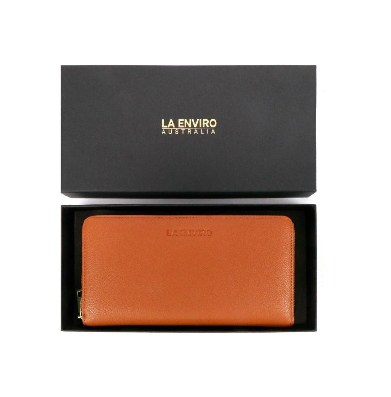 EVA Wallet in Tan made from premium vegan leather with zip-around design, featuring card slots and coin pocket.